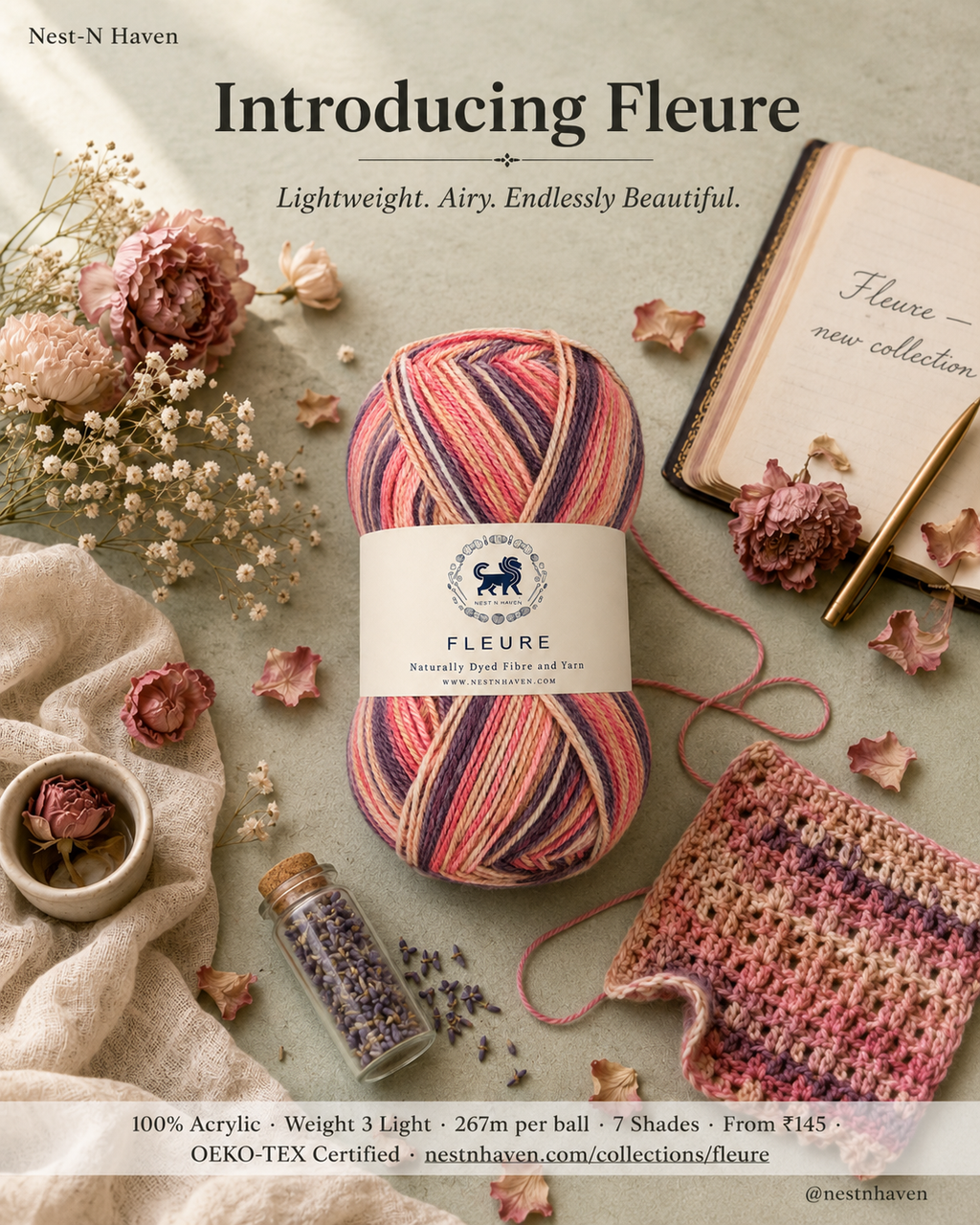 Fleure Yarn SE  – Lightweight Knitting & Crochet acrylic Yarn , 100 grams  | Nest-N Haven | Shade - Berry Sundae