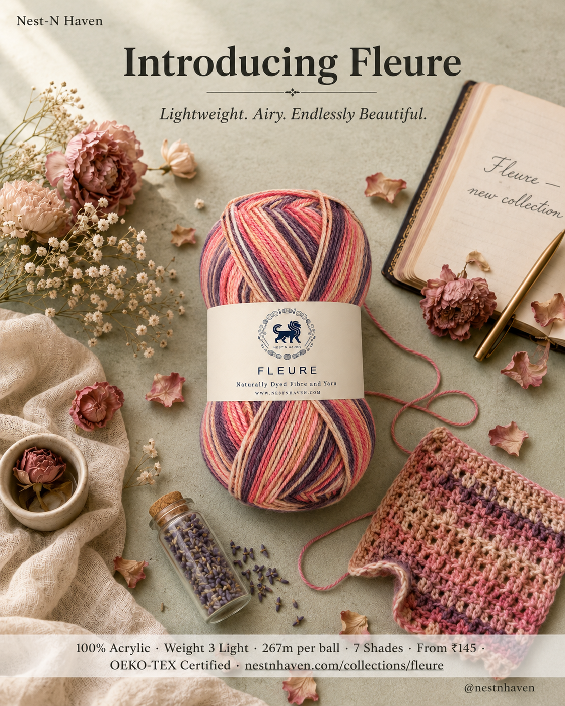 Fleure Yarn SE  – Lightweight Knitting & Crochet acrylic Yarn , 100 grams  | Nest-N Haven | Shade - Berry Sundae