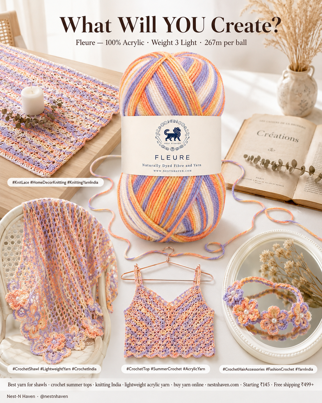 Fleure Yarn  – Lightweight Knitting & Crochet acrylic Yarn , 100 grams  | Nest-N Haven | Shade - Sunrise Sundae