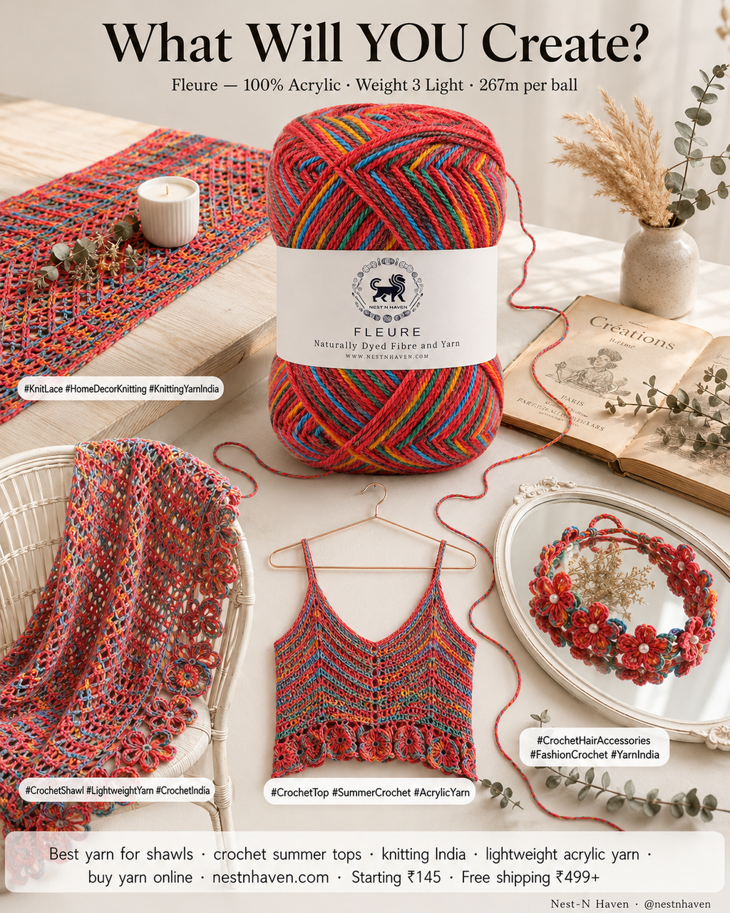 Fleure Yarn – Lightweight Knitting & Crochet acrylic Yarn , 100 grams  | Nest-N Haven | Shade -Red Velvet