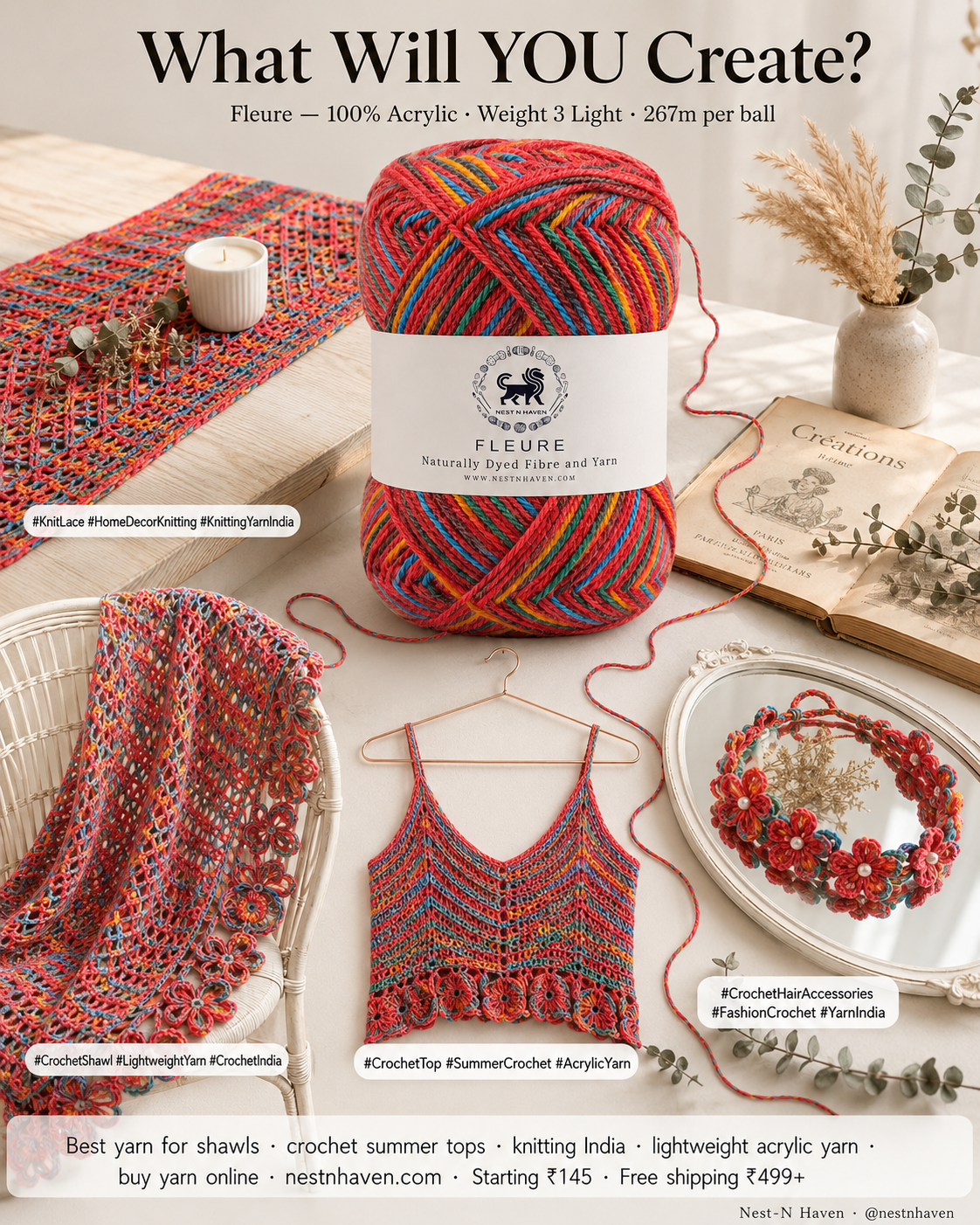Fleure Yarn – Lightweight Knitting & Crochet acrylic Yarn , 100 grams  | Nest-N Haven | Shade -Red Velvet