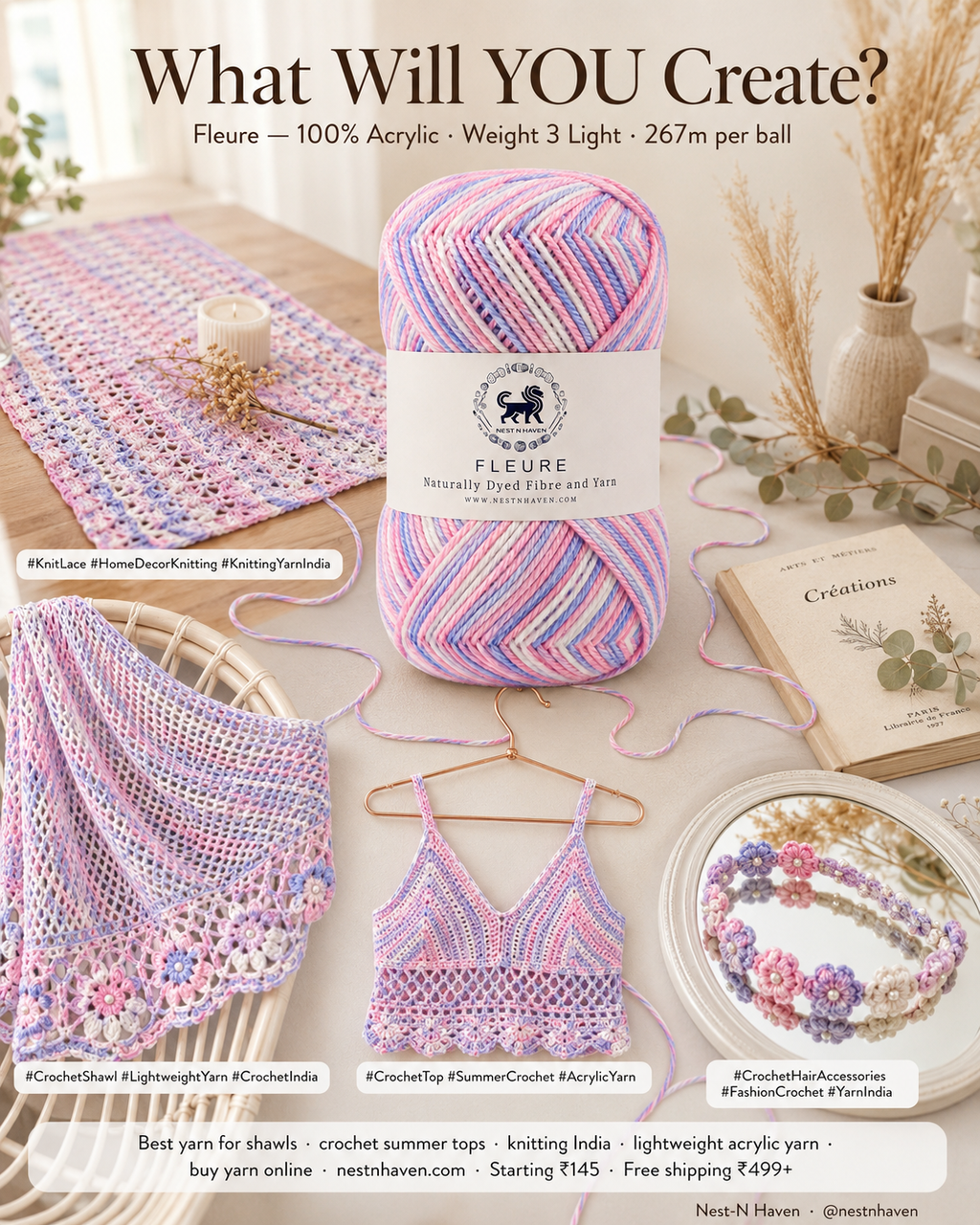 Fleure Yarn – Lightweight Knitting & Crochet acrylic Yarn , 100 grams  | Nest-N Haven | Shade - cotton candy