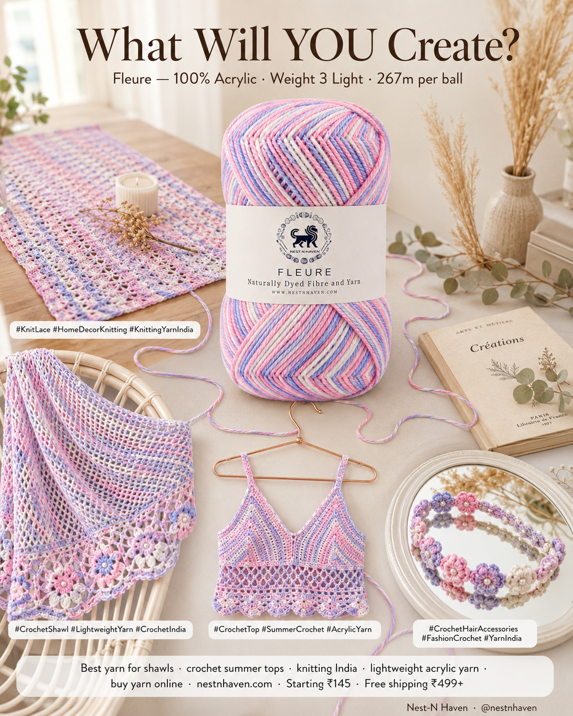 Fleure Yarn – Lightweight Knitting & Crochet acrylic Yarn , 100 grams  | Nest-N Haven | Shade - cotton candy