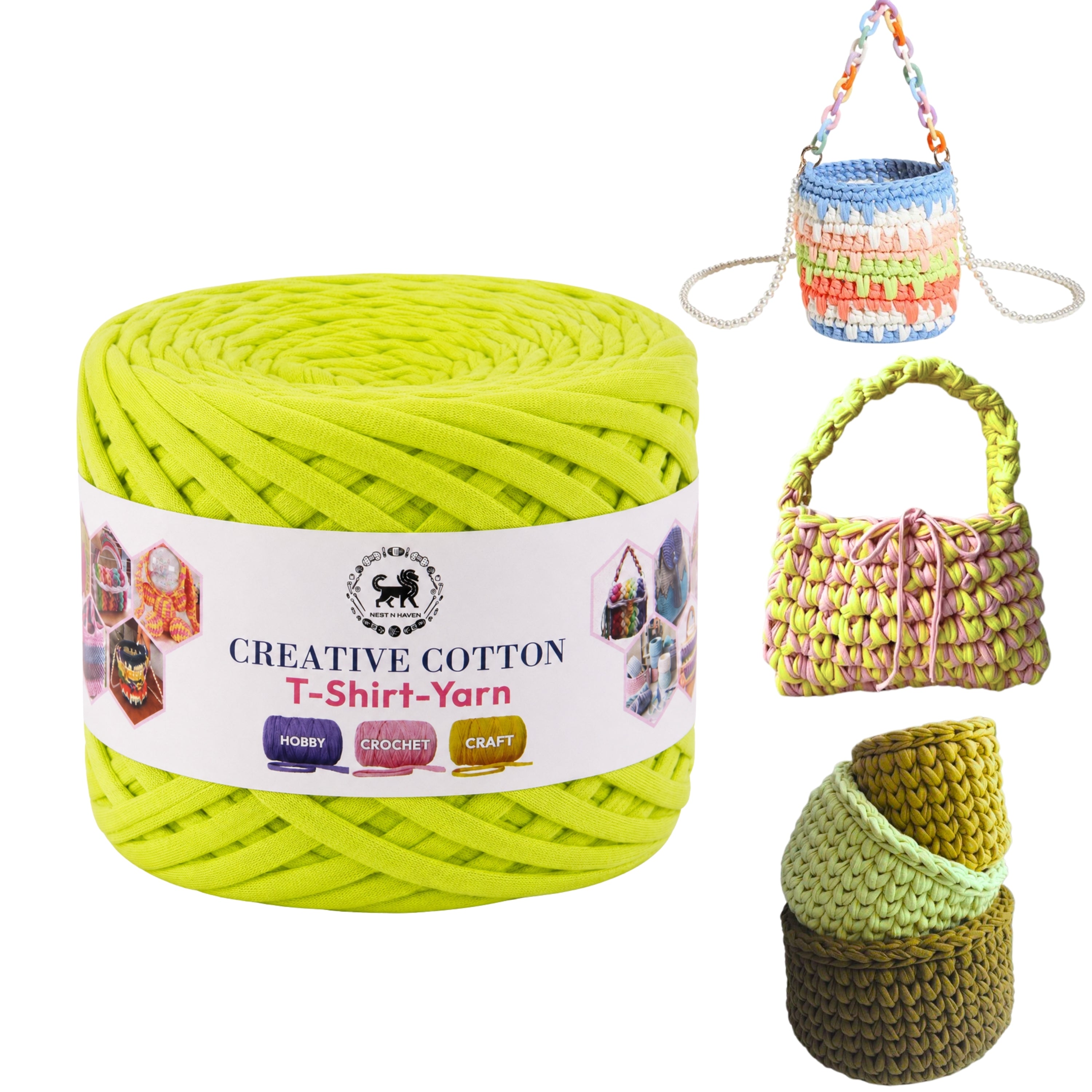 Creative Cotton | T-Shirt Yarn Carpet, Knitting Yarn for Hand Knitting DIY Bags, Baskets, Crocheting Projects 200 GMS (Neon Green )