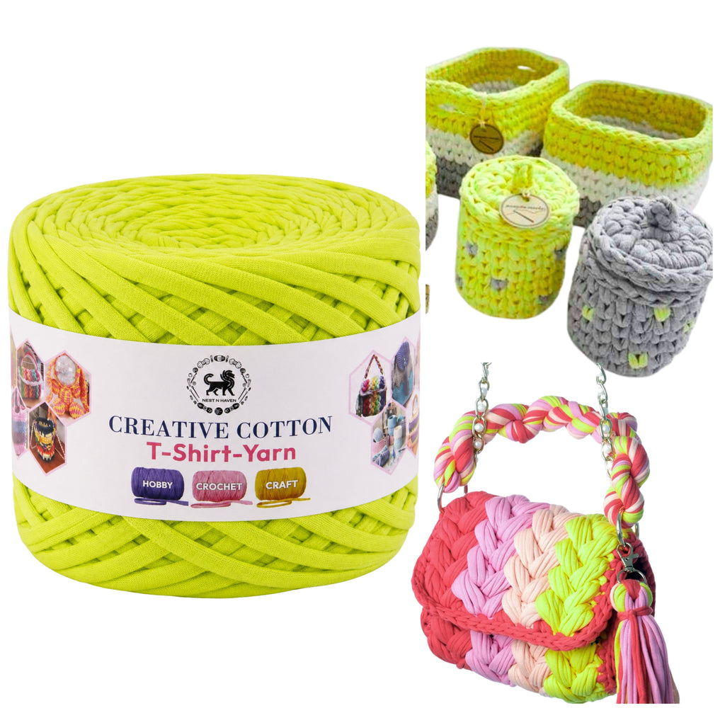 Creative Cotton | T-Shirt Yarn Carpet, Knitting Yarn for Hand Knitting DIY Bags, Baskets, Crocheting Projects 200 GMS (Neon Green )