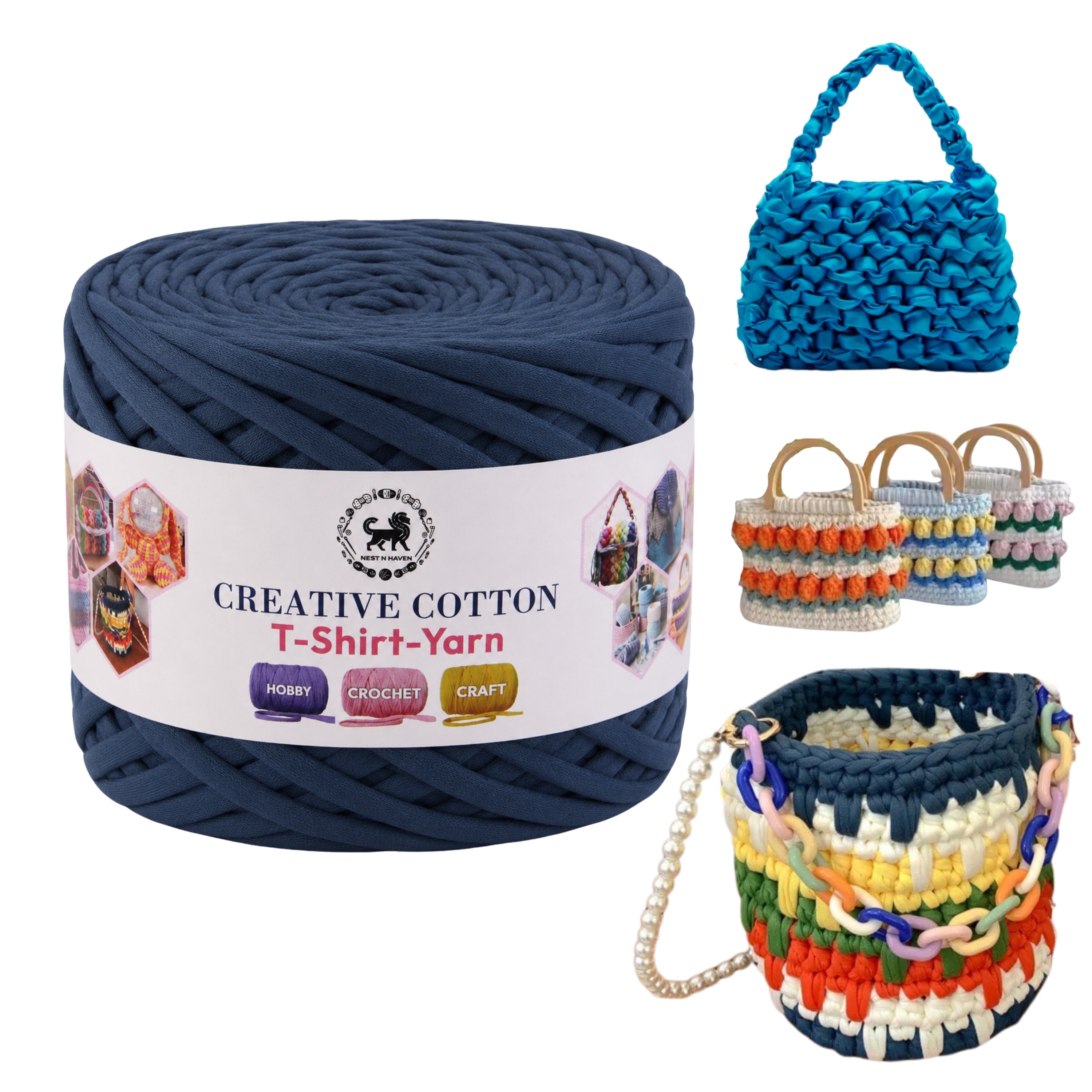 Creative Cotton | T-Shirt Yarn Carpet, Knitting Yarn for Hand Knitting DIY Bags, Baskets, Crocheting Projects 200 GMS (Denim Blue)