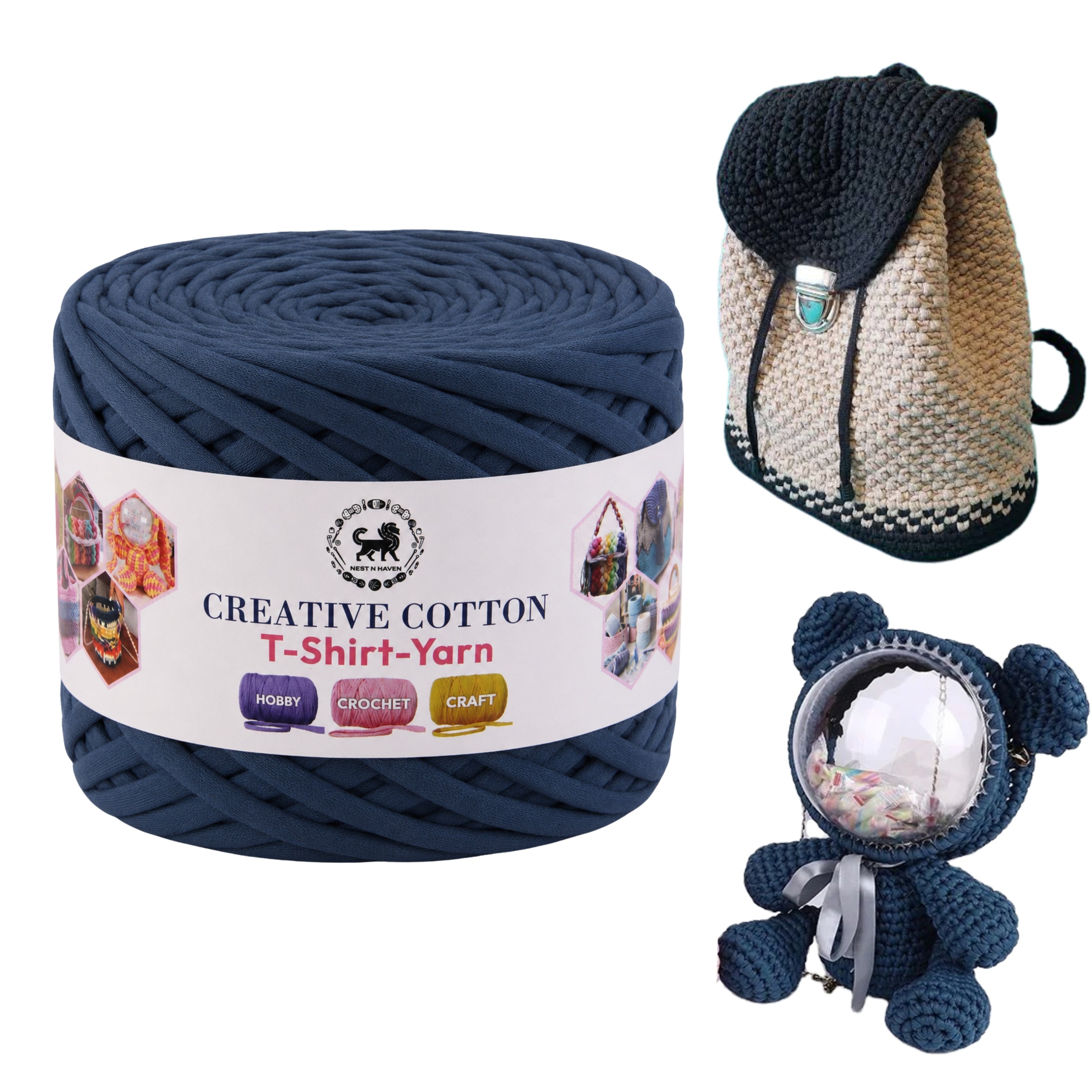 Creative Cotton | T-Shirt Yarn Carpet, Knitting Yarn for Hand Knitting DIY Bags, Baskets, Crocheting Projects 200 GMS (Denim Blue)