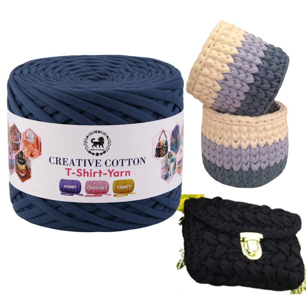 Creative Cotton | T-Shirt Yarn Carpet, Knitting Yarn for Hand Knitting DIY Bags, Baskets, Crocheting Projects 200 GMS (Denim Blue)
