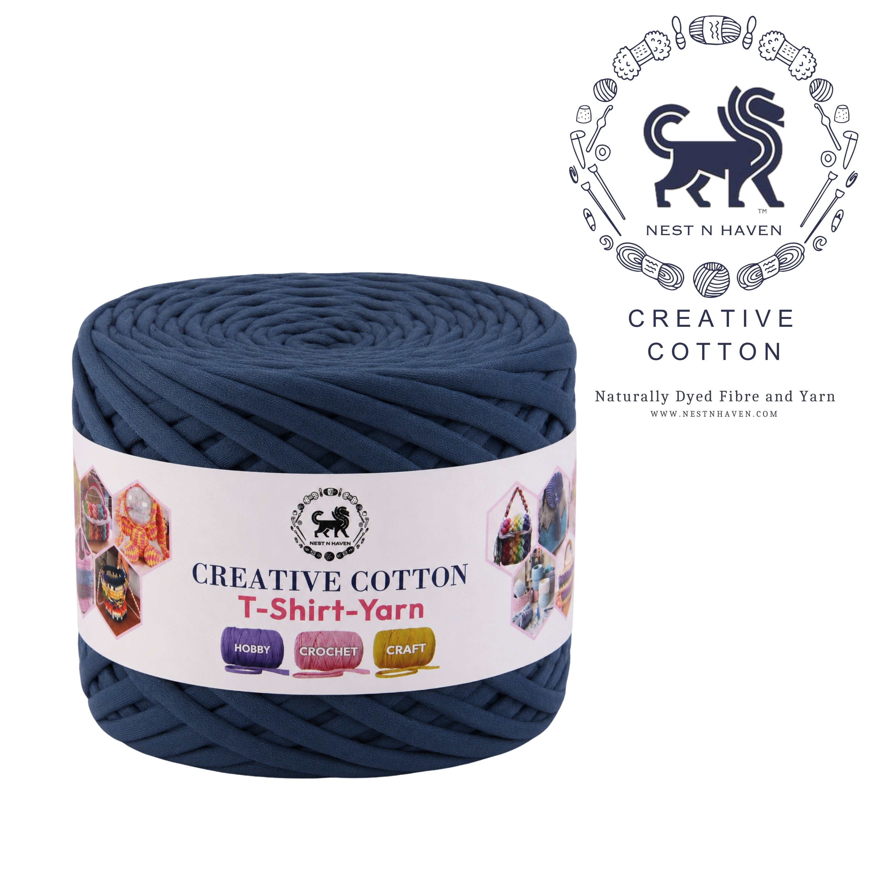 Creative Cotton | T-Shirt Yarn Carpet, Knitting Yarn for Hand Knitting DIY Bags, Baskets, Crocheting Projects 200 GMS (Denim Blue)