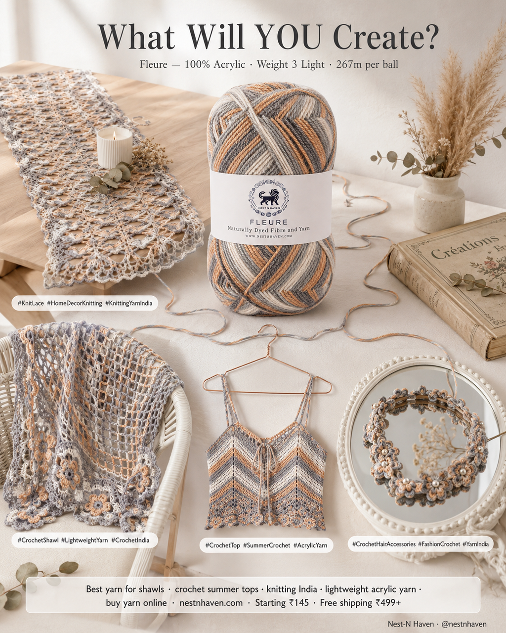 Fleure Yarn – Lightweight Knitting & Crochet acrylic Yarn , 100 grams  | Nest-N Haven | Shade - Chocochip