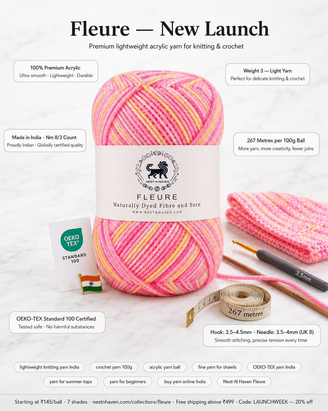 Fleure Yarn – Lightweight Knitting & Crochet acrylic Yarn , 100 grams  | Nest-N Haven | Shade - pink yellow flemingo