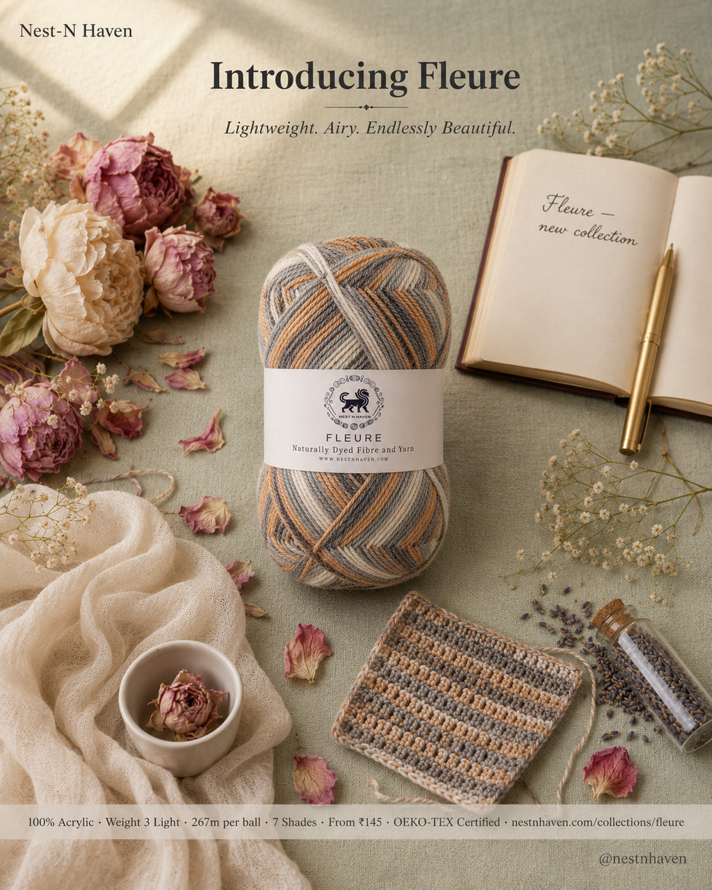 Fleure Yarn – Lightweight Knitting & Crochet acrylic Yarn , 100 grams  | Nest-N Haven | Shade - Chocochip