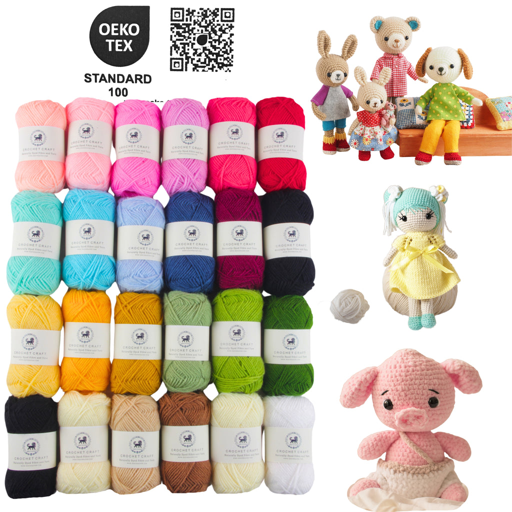 CrochetCraft , yarn kit , Pack of 24 Wool balls ( 1 ball / 20 Grams) , 480 grams (aprox) , Ultra Premium Luxury wool Yarn in vibrant colors for Crochet, Amigurumi, Embroidery, Toys