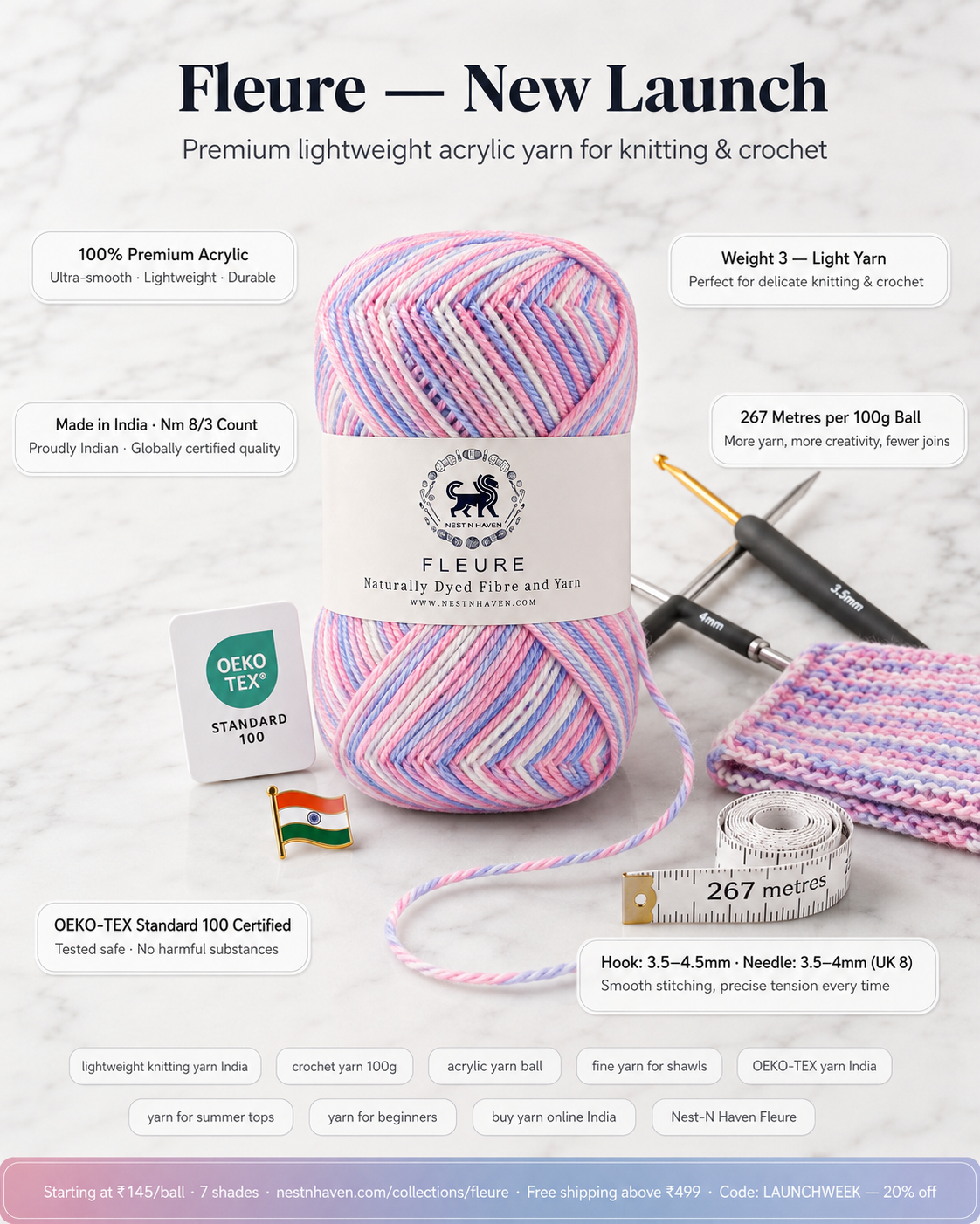 Fleure Yarn – Lightweight Knitting & Crochet acrylic Yarn , 100 grams  | Nest-N Haven | Shade - cotton candy