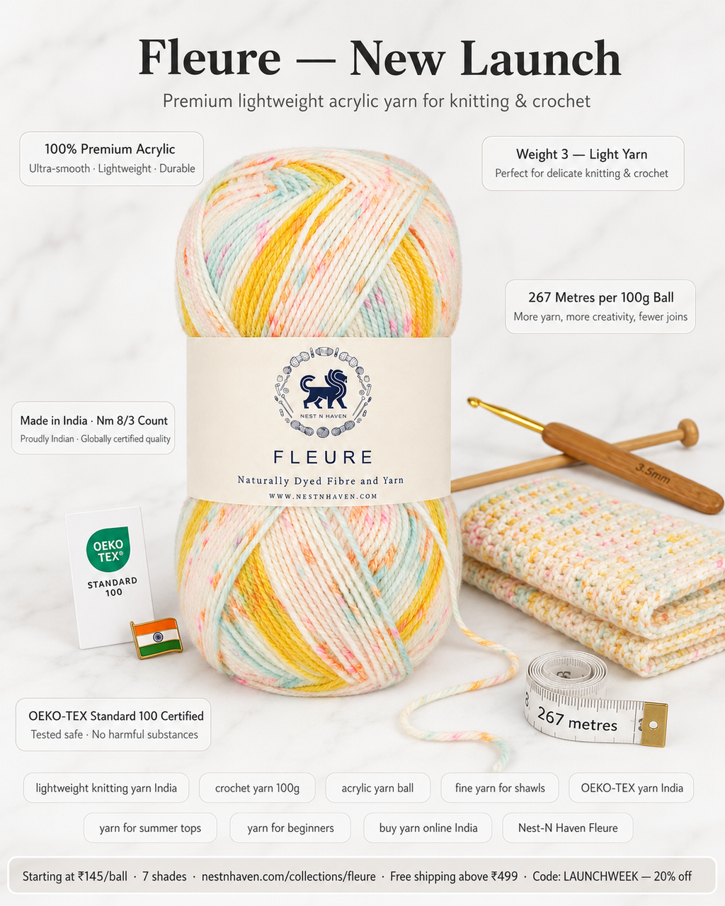 Fleure Yarn SE  – Lightweight Knitting & Crochet acrylic Yarn , 100 grams  | Nest-N Haven | Shade - Lemon Confetti