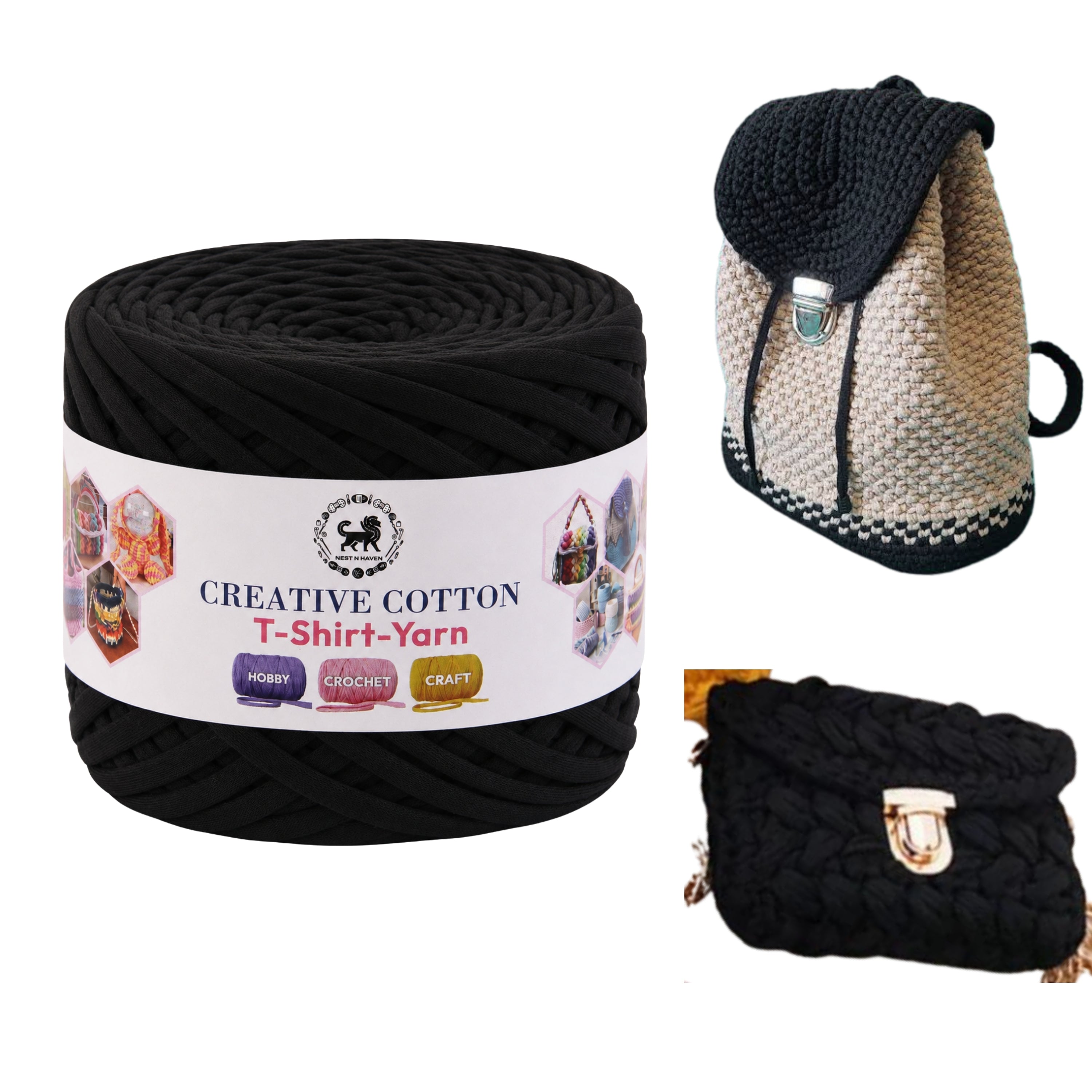 Creative Cotton | T-Shirt Yarn Carpet, Knitting Yarn for Hand Knitting DIY Bags, Baskets, Crocheting Projects 200 GMS (Black)