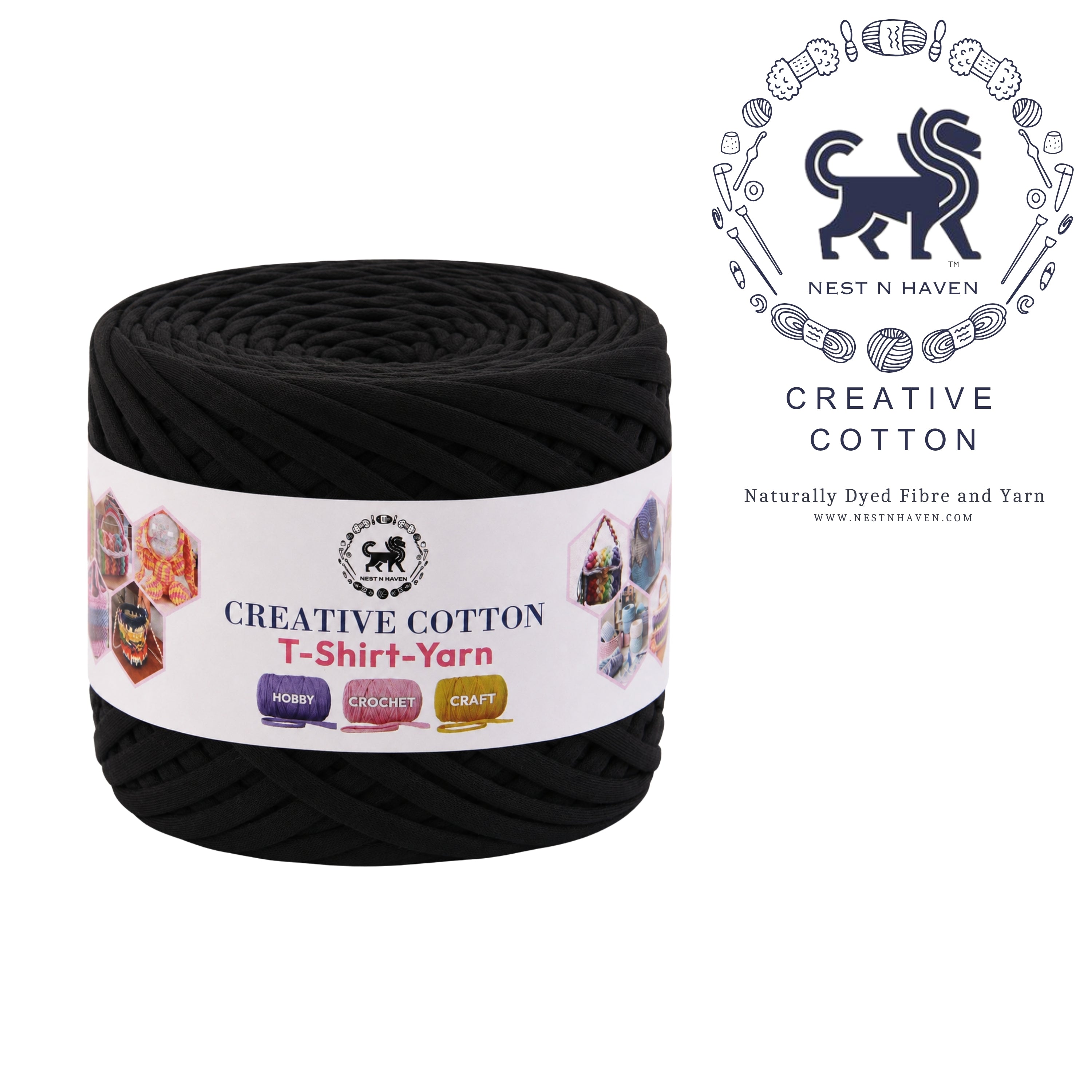 Creative Cotton | T-Shirt Yarn Carpet, Knitting Yarn for Hand Knitting DIY Bags, Baskets, Crocheting Projects 200 GMS (Black)