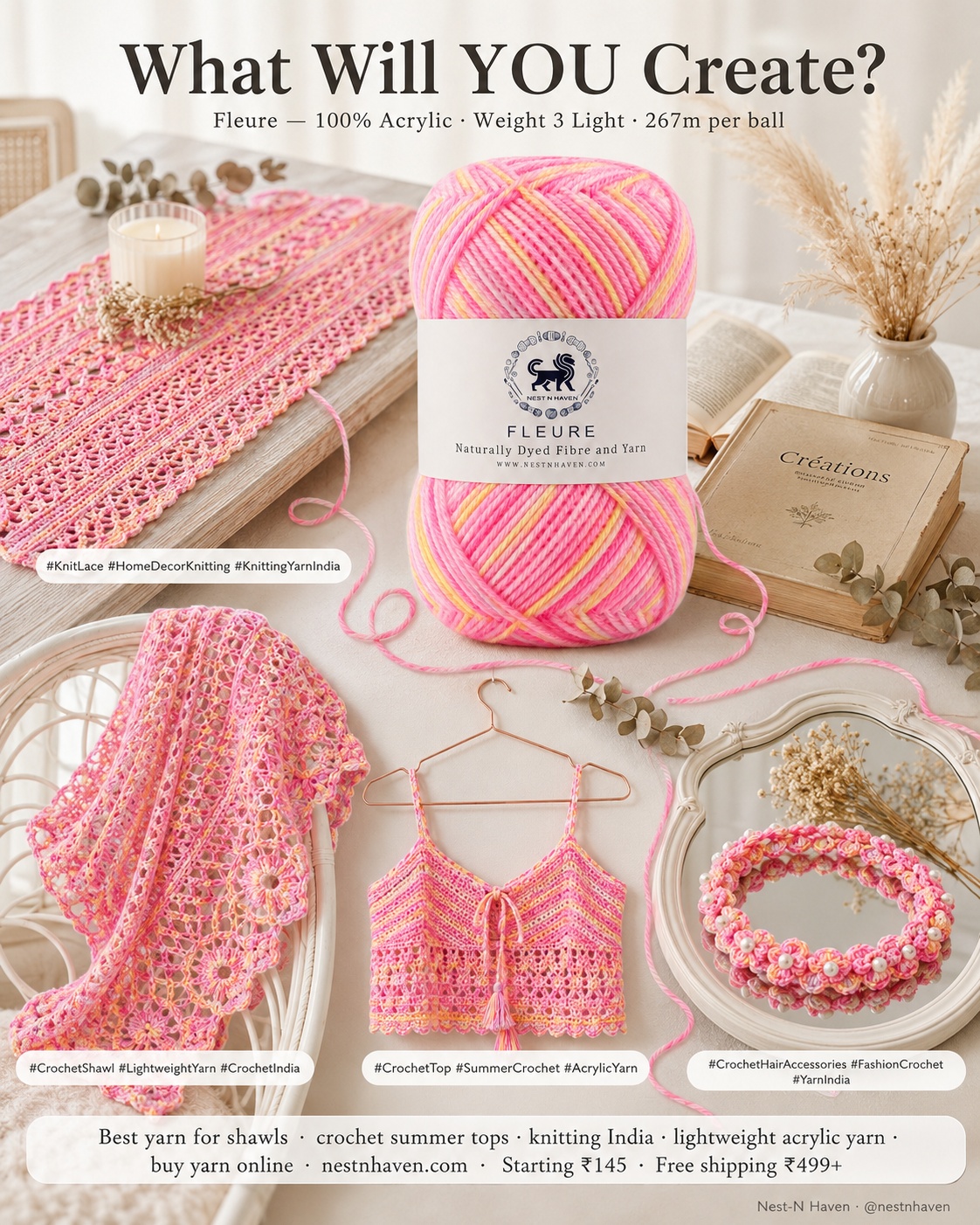 Fleure Yarn – Lightweight Knitting & Crochet acrylic Yarn , 100 grams  | Nest-N Haven | Shade - pink yellow flemingo