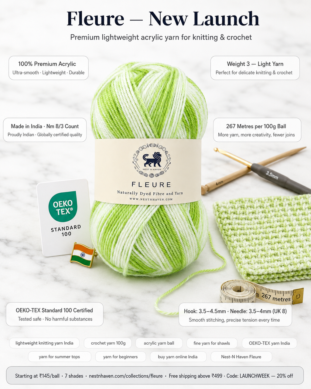 Fleure Yarn SE  – Lightweight Knitting & Crochet acrylic Yarn , 100 grams  | Nest-N Haven | Shade - Green Apple Swirl