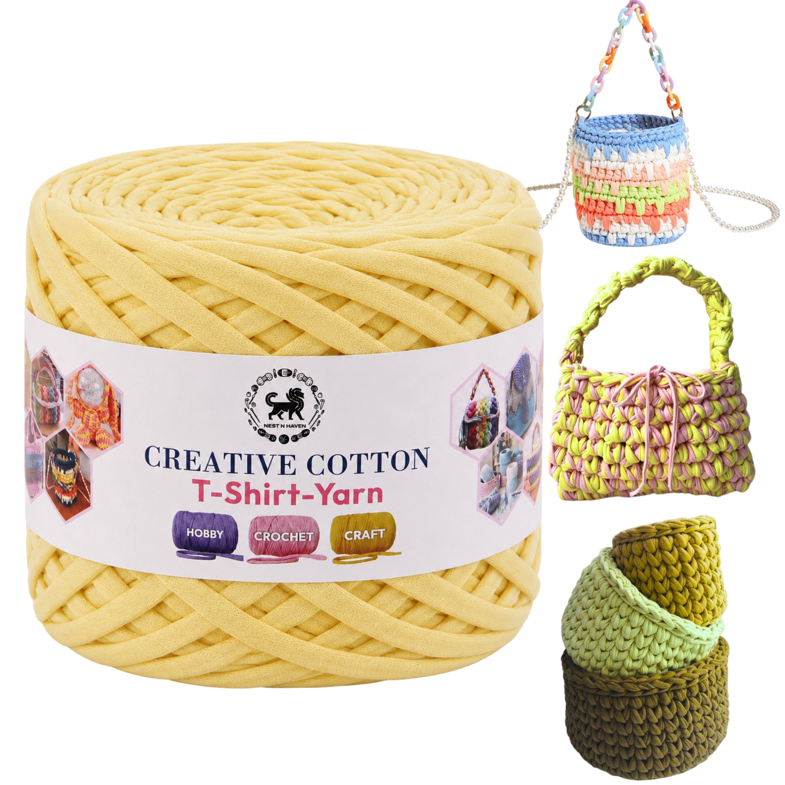 Creative Cotton | T-Shirt Yarn Carpet, Knitting Yarn for Hand Knitting DIY Bags, Baskets, Crocheting Projects 200 GMS (Lemon Yellow)