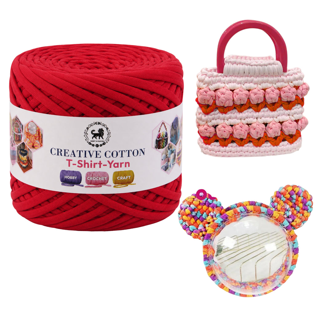 Creative Cotton | T-Shirt Yarn Carpet, Knitting Yarn for Hand Knitting DIY Bags, Baskets, Crocheting Projects 200 GMS ( Red )