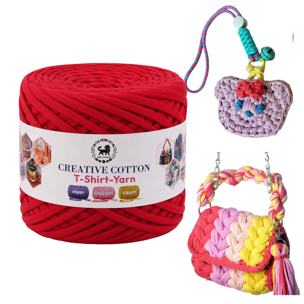 Creative Cotton | T-Shirt Yarn Carpet, Knitting Yarn for Hand Knitting DIY Bags, Baskets, Crocheting Projects 200 GMS ( Red )