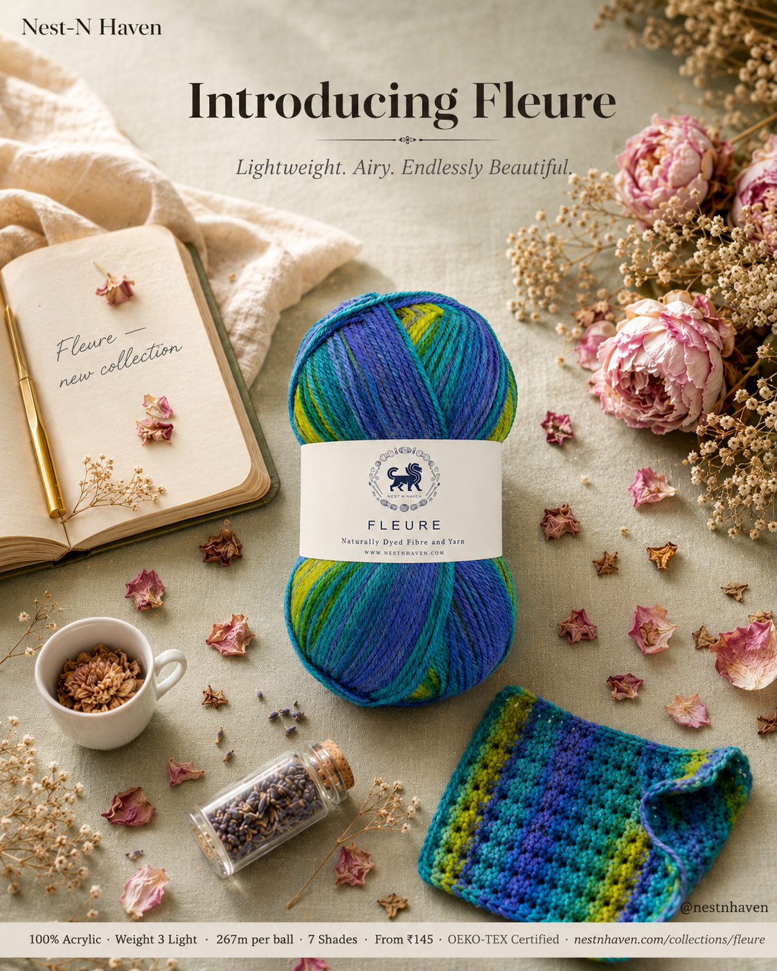 Fleure Yarn SE  – Lightweight Knitting & Crochet acrylic Yarn , 100 grams  | Nest-N Haven | Shade - Peacock Green Prism