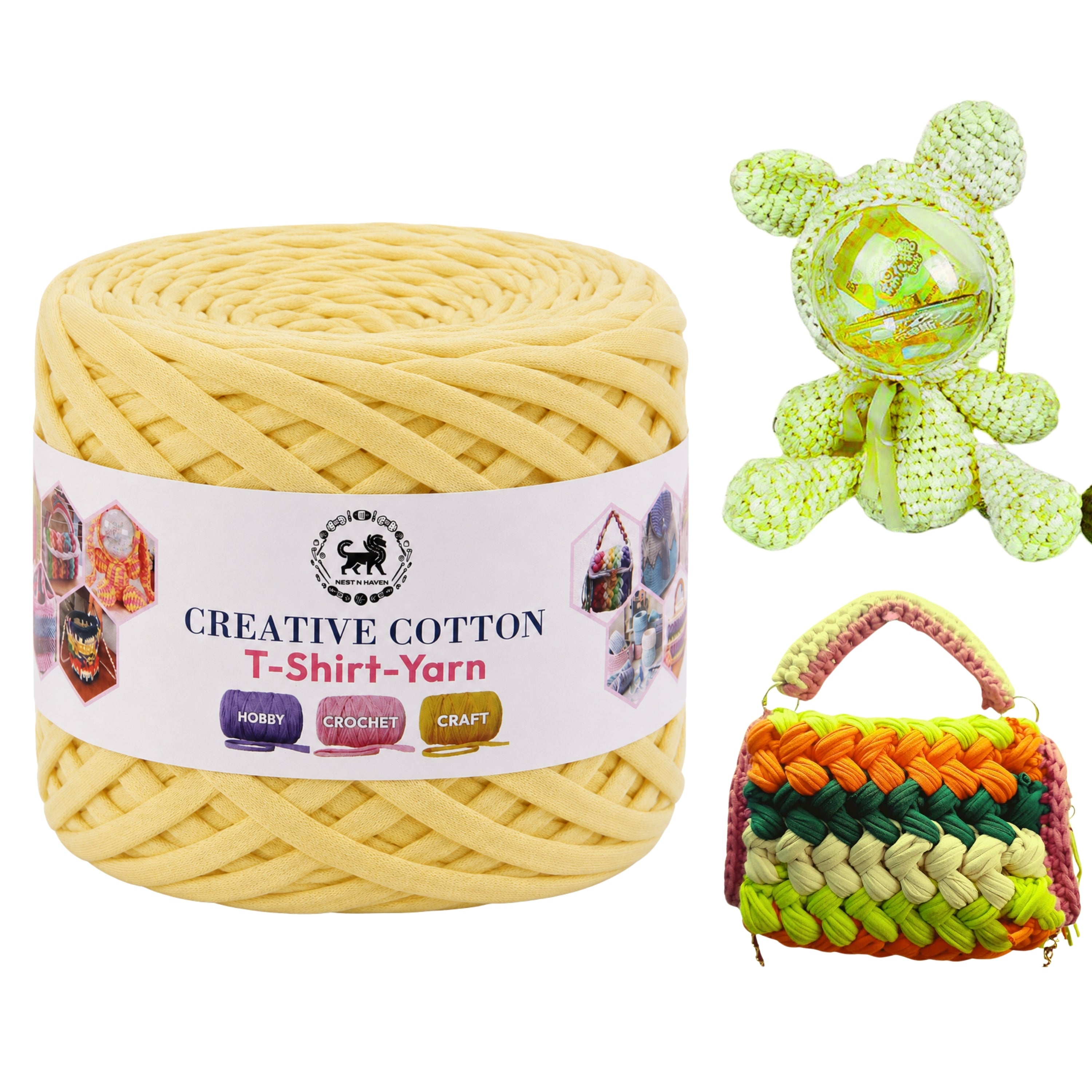 Creative Cotton | T-Shirt Yarn Carpet, Knitting Yarn for Hand Knitting DIY Bags, Baskets, Crocheting Projects 200 GMS (Lemon Yellow)