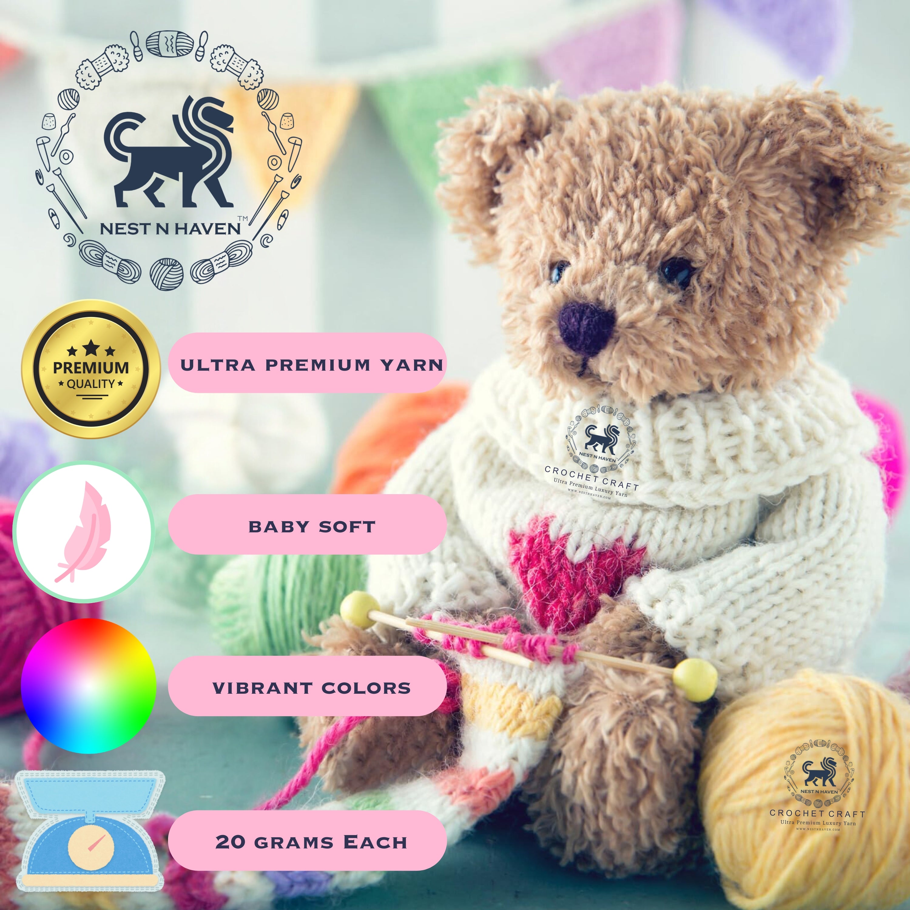 NESTNHAVEN , CrochetCraft , yarn kit , Pack of 12 Wool balls ( 1 ball / 20 Grams) , 240 grams (aprox) , Ultra Premium Luxury wool Yarn in vibrant colors for Crochet, Amigurumi, Embroidery, Toys, Garments, Flowers  (Bright set)