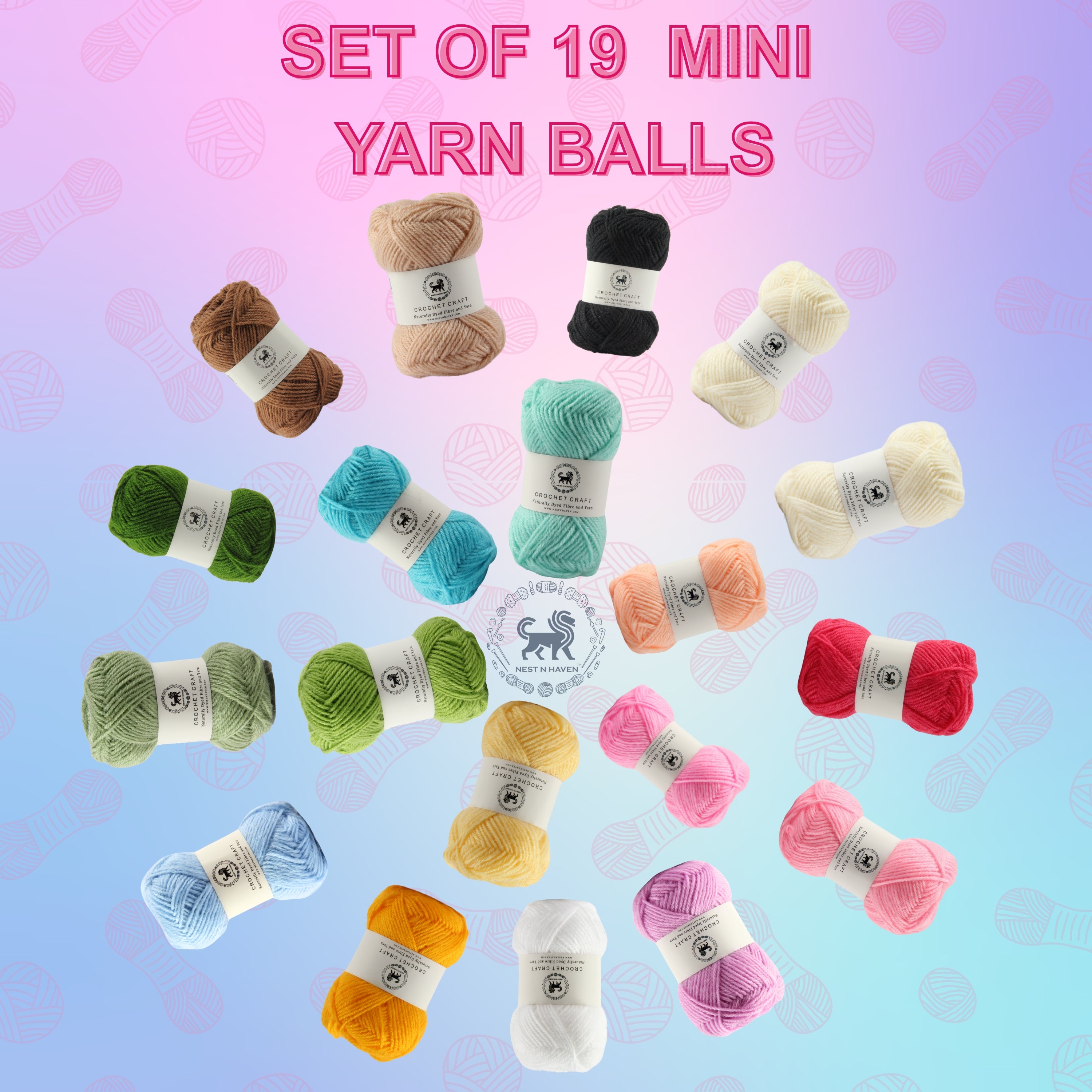 NESTNHAVEN , CrochetCraft , yarn kit , Pack of 18 + 1 Wool balls ( 1 ball / 20 Grams) , 380 grams (aprox) , for Crochet, Amigurumi, Toys, Garments, Flowers ( Light)