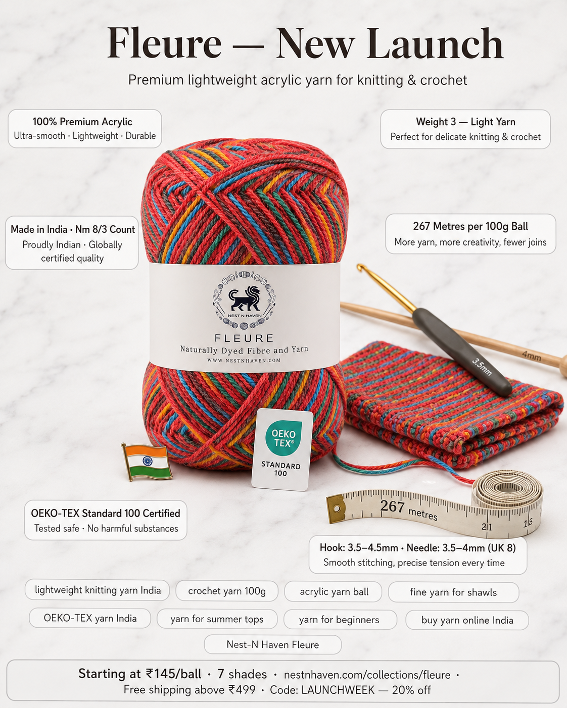 Fleure Yarn – Lightweight Knitting & Crochet acrylic Yarn , 100 grams  | Nest-N Haven | Shade -Red Velvet