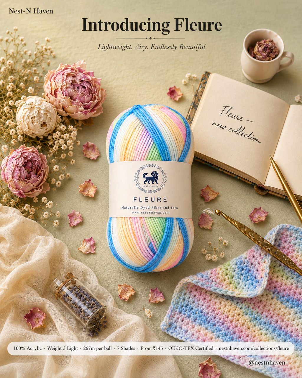 Fleure Yarn SE  – Lightweight Knitting & Crochet acrylic Yarn , 100 grams  | Nest-N Haven | Shade - Rainbow Sorbet