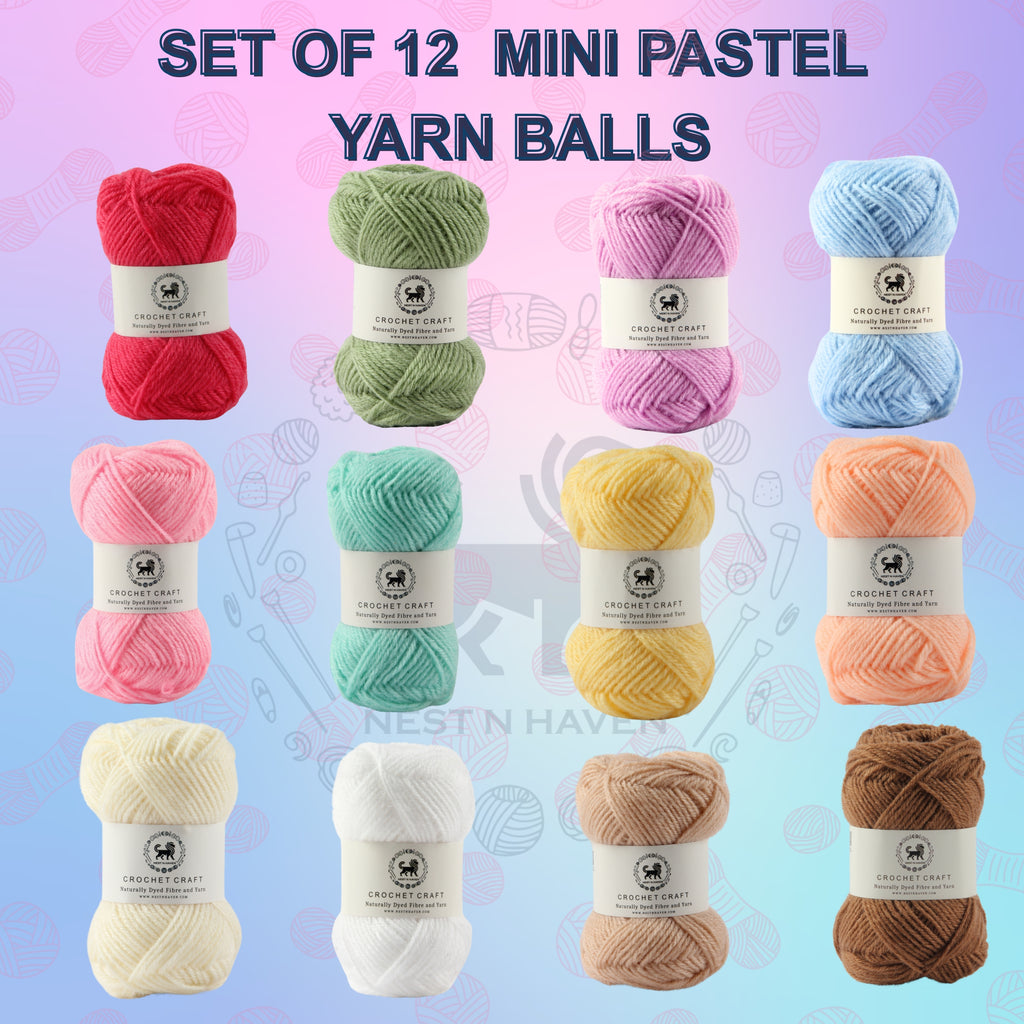NESTNHAVEN , CrochetCraft , yarn kit , Pack of 12 Wool balls ( 1 ball / 20 Grams) , 240 grams (aprox) , Ultra Premium Luxury wool Yarn in vibrant colors for Crochet, Amigurumi, Embroidery, Toys, Garments, Flowers  (Bright set)