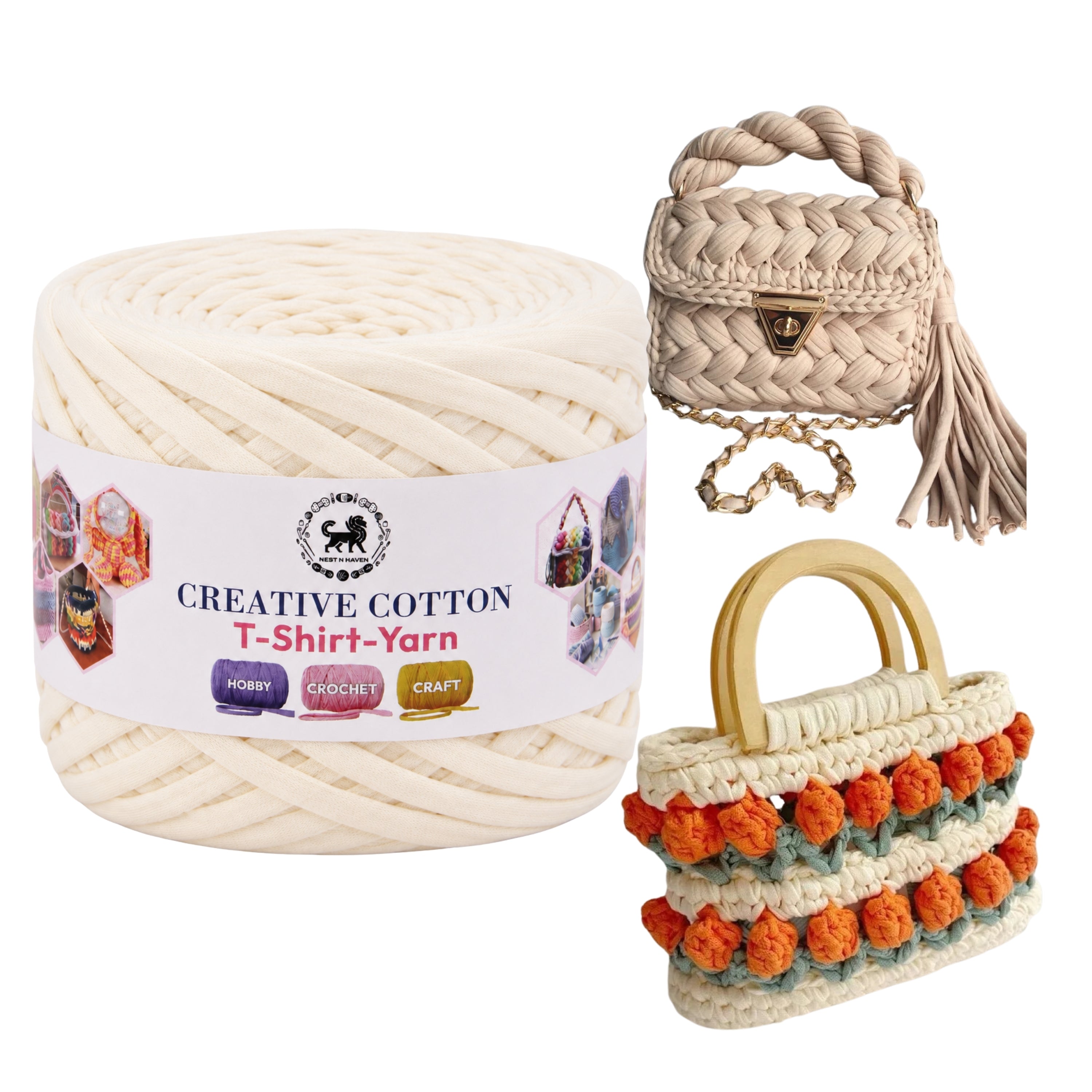 Creative Cotton | T-Shirt Yarn Carpet, Knitting Yarn for Hand Knitting DIY Bags, Baskets, Crocheting Projects 200 GMS (Off-White)