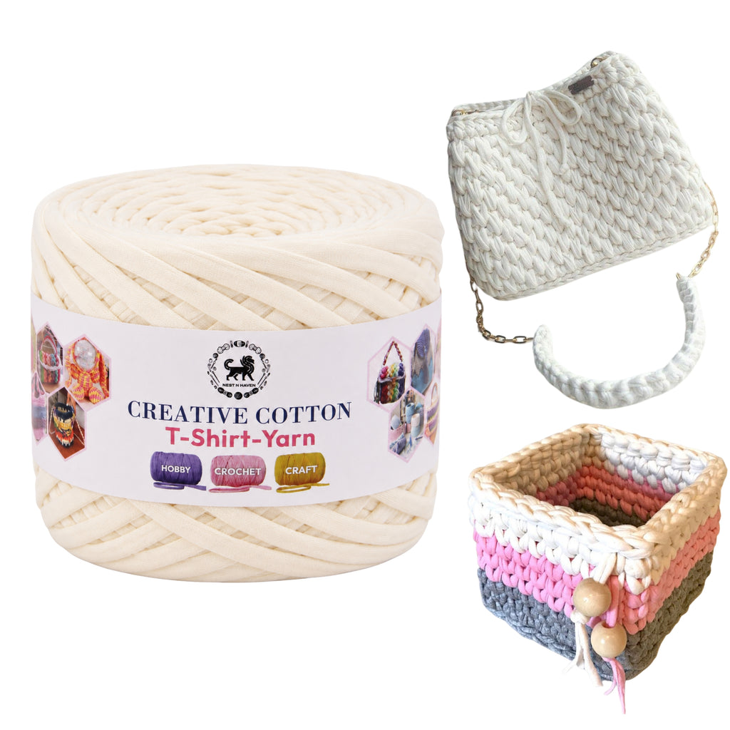 Creative Cotton | T-Shirt Yarn Carpet, Knitting Yarn for Hand Knitting DIY Bags, Baskets, Crocheting Projects 200 GMS (Off-White)