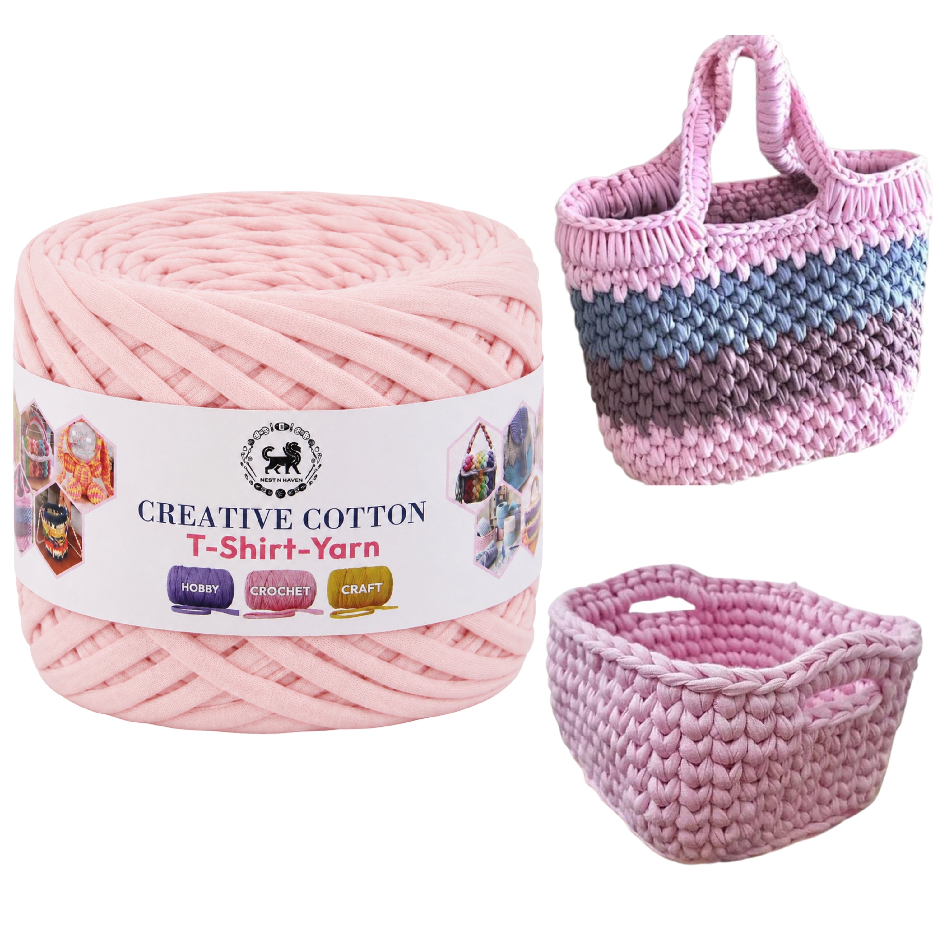 Creative Cotton | T-Shirt Yarn Carpet, Knitting Yarn for Hand Knitting DIY Bags, Baskets, Crocheting Projects 200 GMS (Baby Pink)