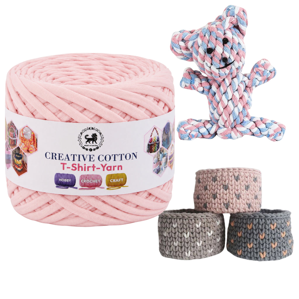 Creative Cotton | T-Shirt Yarn Carpet, Knitting Yarn for Hand Knitting DIY Bags, Baskets, Crocheting Projects 200 GMS (Baby Pink)