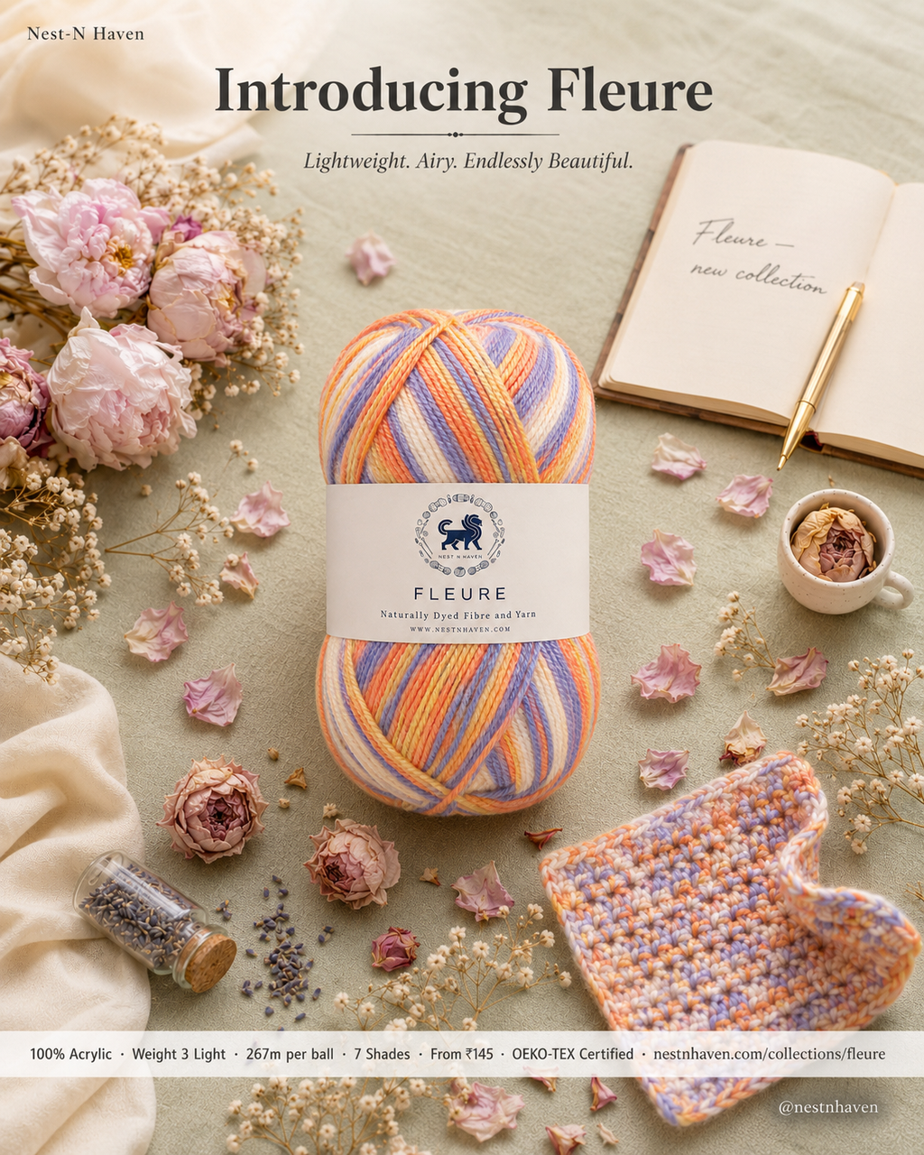 Fleure Yarn  – Lightweight Knitting & Crochet acrylic Yarn , 100 grams  | Nest-N Haven | Shade - Sunrise Sundae