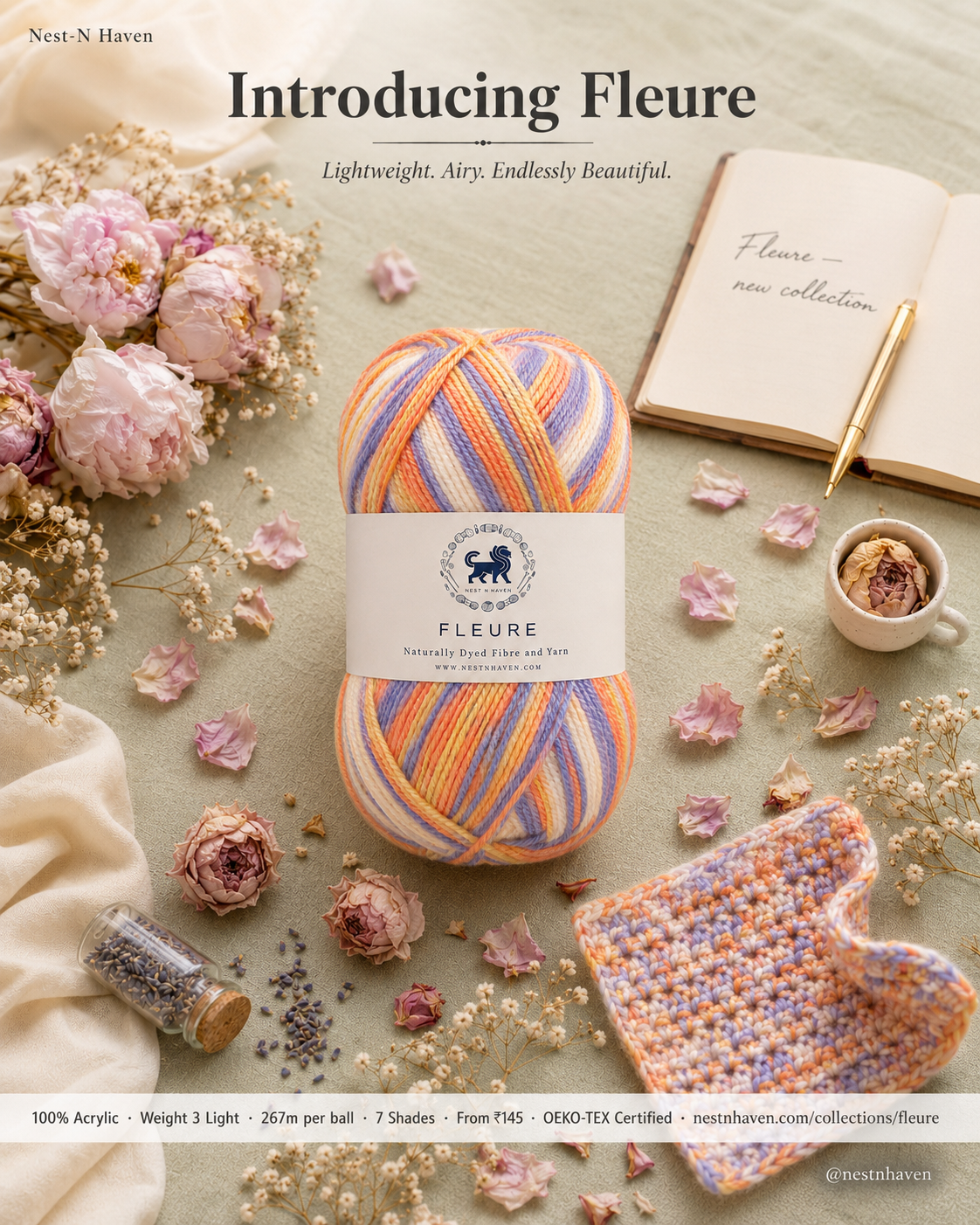 Fleure Yarn  – Lightweight Knitting & Crochet acrylic Yarn , 100 grams  | Nest-N Haven | Shade - Sunrise Sundae