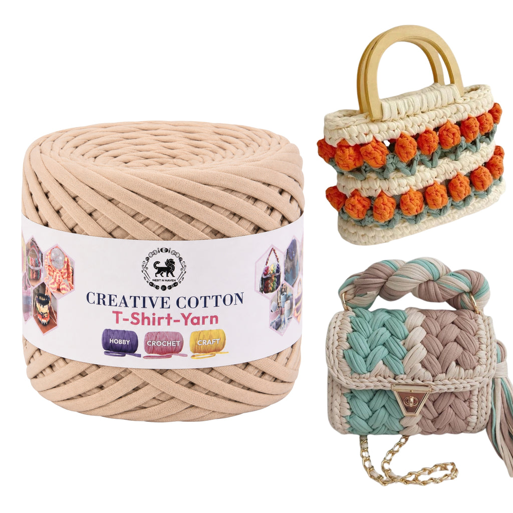 Creative Cotton | T-Shirt Yarn Carpet, Knitting Yarn for Hand Knitting DIY Bags, Baskets, Crocheting Projects 200 GMS (Beige)