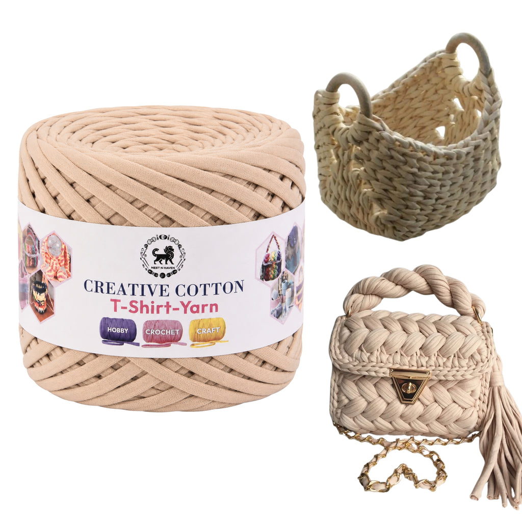 Creative Cotton | T-Shirt Yarn Carpet, Knitting Yarn for Hand Knitting DIY Bags, Baskets, Crocheting Projects 200 GMS (Beige)