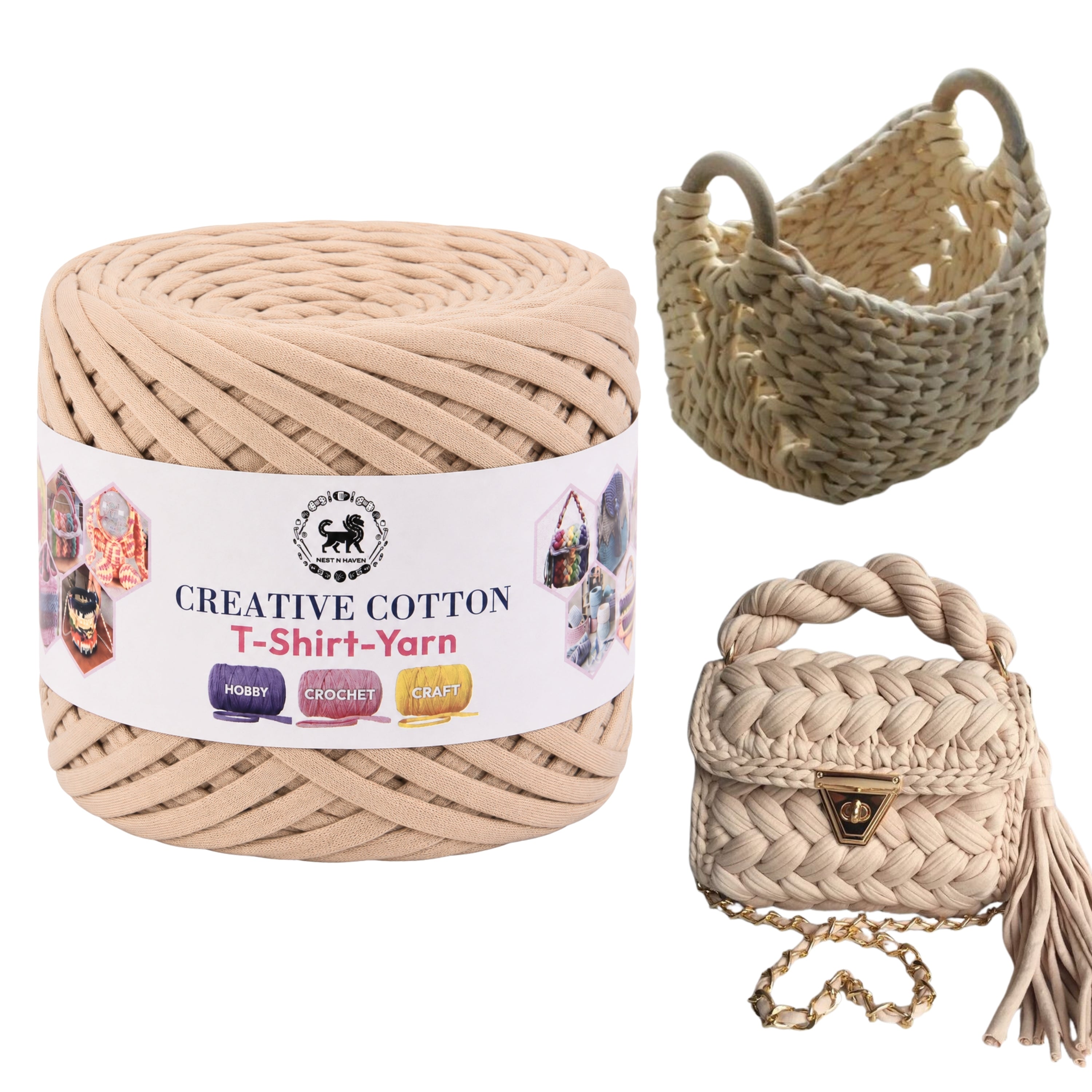 Creative Cotton | T-Shirt Yarn Carpet, Knitting Yarn for Hand Knitting DIY Bags, Baskets, Crocheting Projects 200 GMS (Beige)