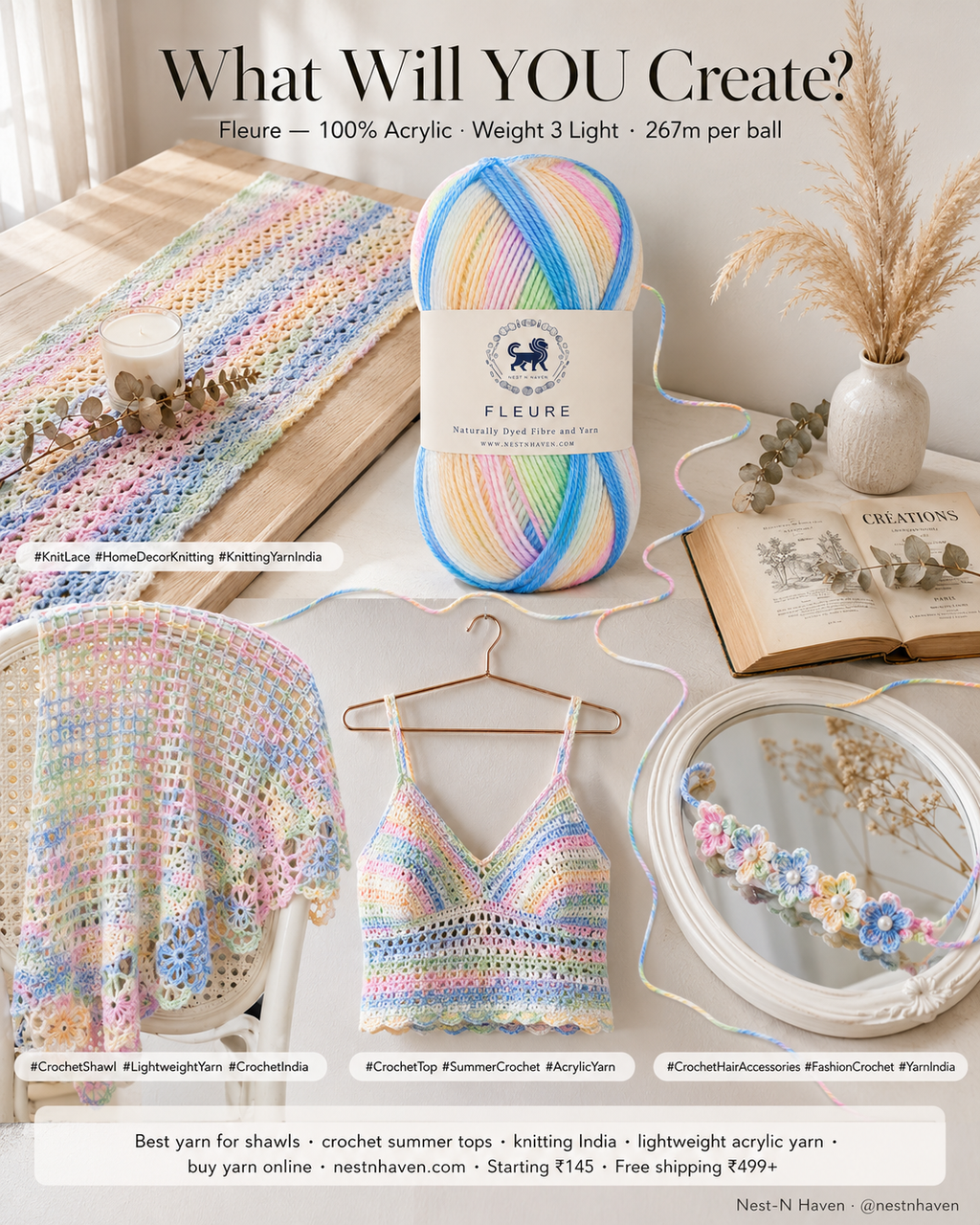 Fleure Yarn SE  – Lightweight Knitting & Crochet acrylic Yarn , 100 grams  | Nest-N Haven | Shade - Rainbow Sorbet