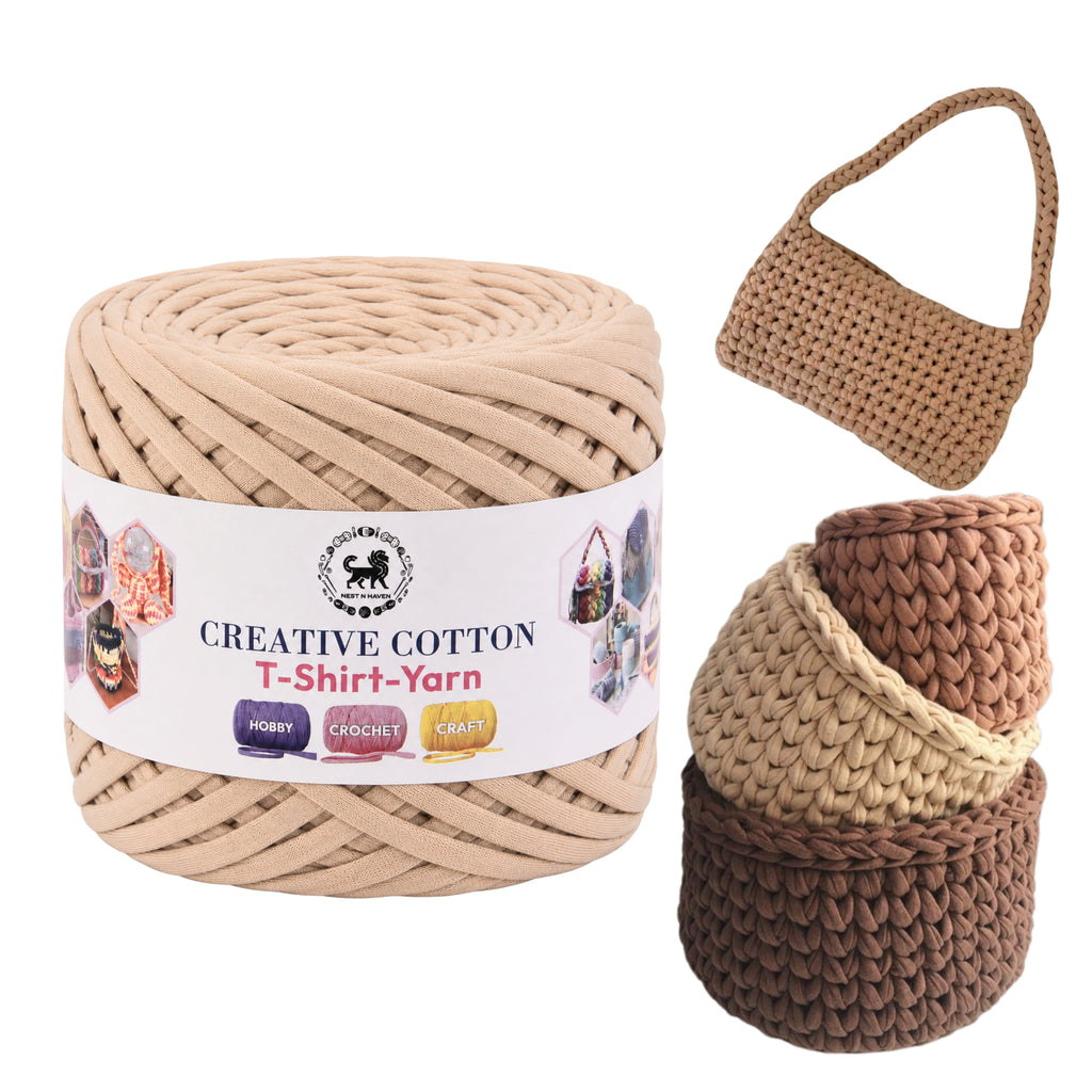 Creative Cotton | T-Shirt Yarn Carpet, Knitting Yarn for Hand Knitting DIY Bags, Baskets, Crocheting Projects 200 GMS (Beige)