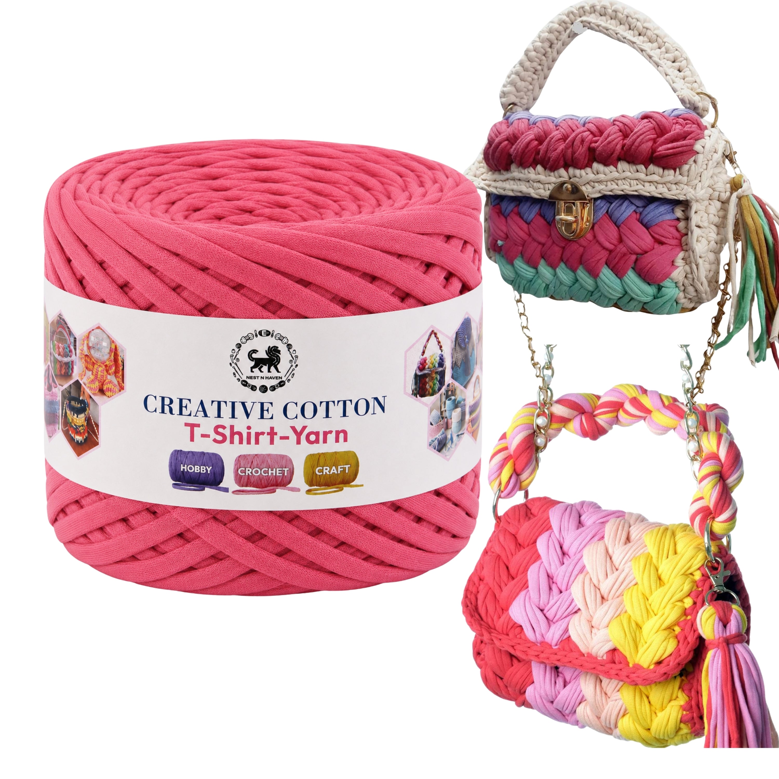 Creative Cotton | T-Shirt Yarn Carpet, Knitting Yarn for Hand Knitting DIY Bags, Baskets, Crocheting Projects 200 GMS (Pink)