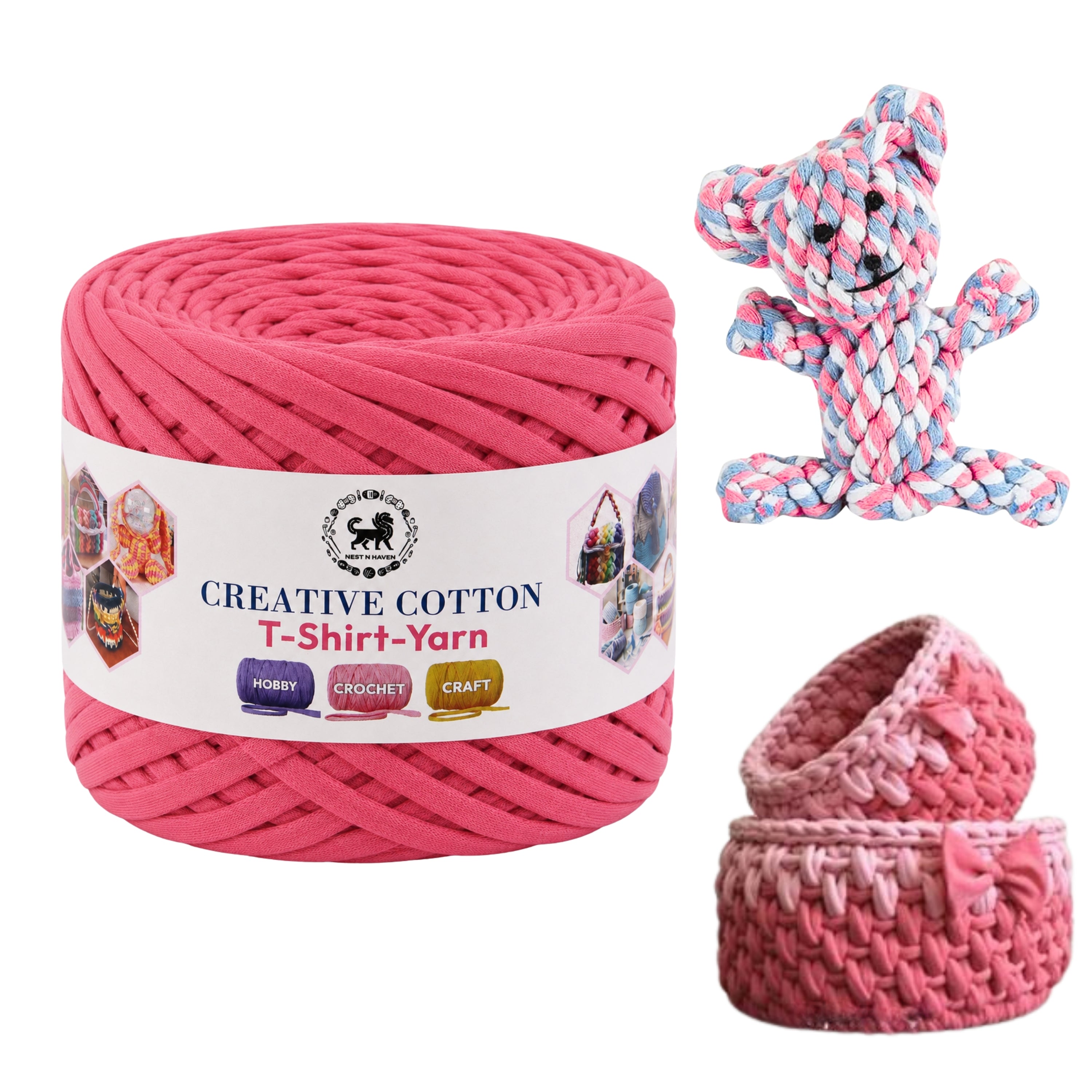 Creative Cotton | T-Shirt Yarn Carpet, Knitting Yarn for Hand Knitting DIY Bags, Baskets, Crocheting Projects 200 GMS (Pink)