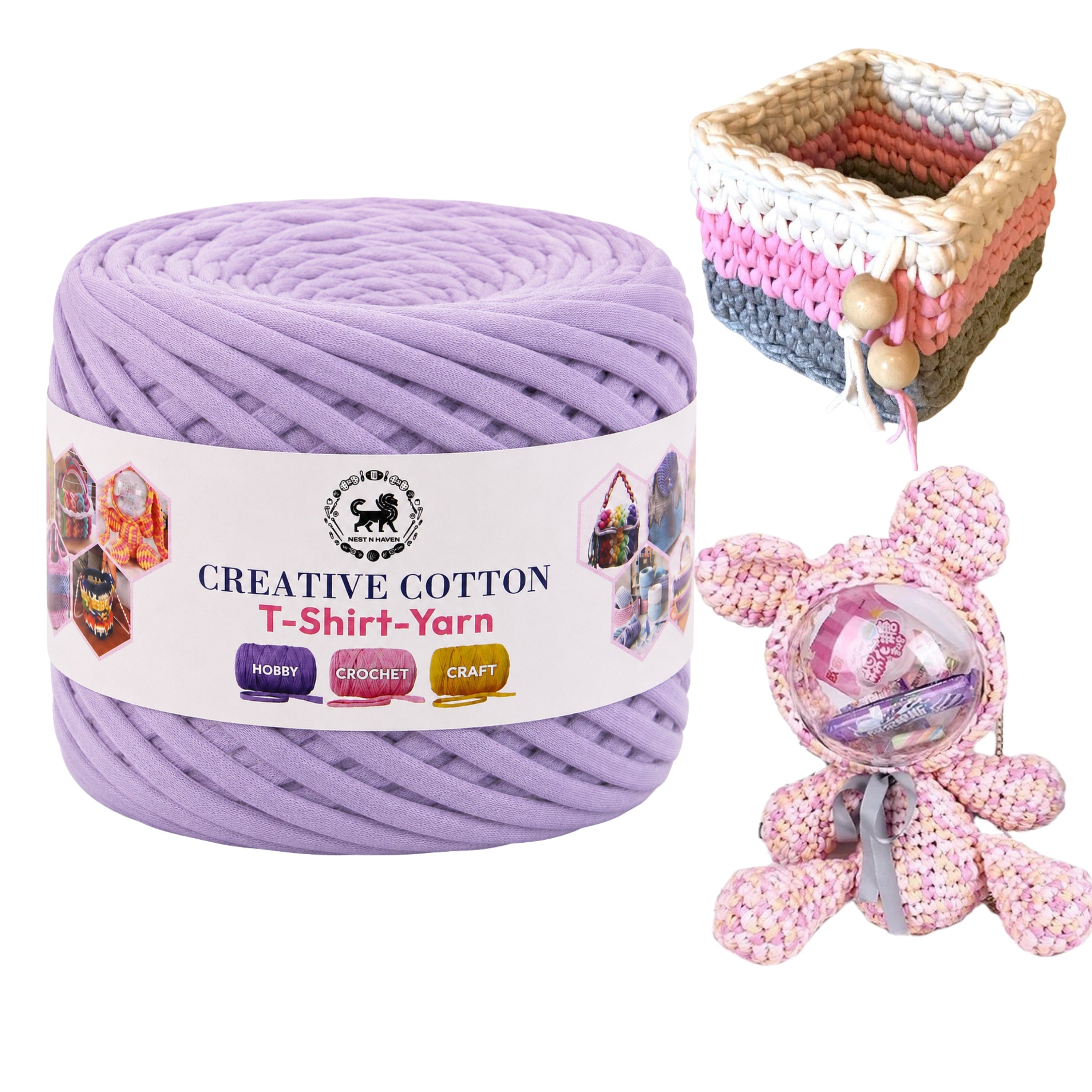 Creative Cotton | T-Shirt Yarn Carpet, Knitting Yarn for Hand Knitting DIY Bags, Baskets, Crocheting Projects 200 GMS (Lilac)