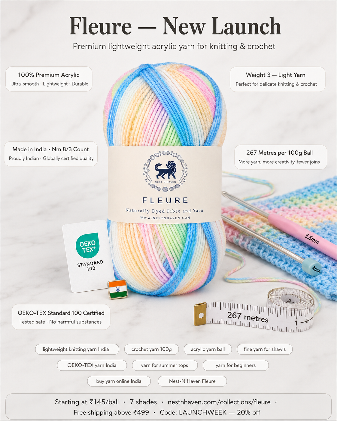 Fleure Yarn SE  – Lightweight Knitting & Crochet acrylic Yarn , 100 grams  | Nest-N Haven | Shade - Rainbow Sorbet