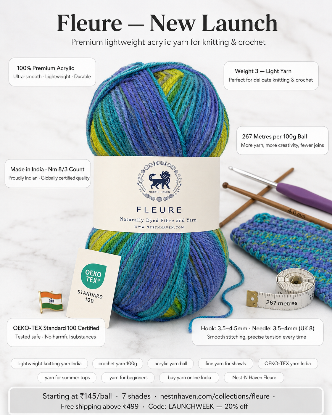 Fleure Yarn SE  – Lightweight Knitting & Crochet acrylic Yarn , 100 grams  | Nest-N Haven | Shade - Peacock Green Prism