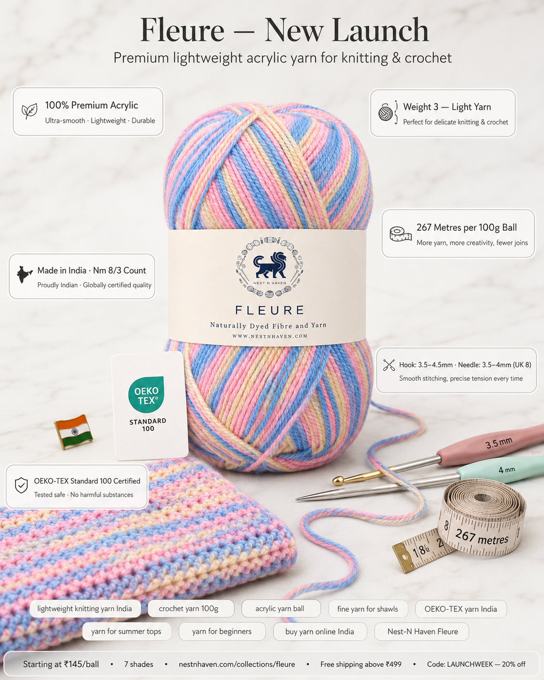 Fleure Yarn – Lightweight Knitting & Crochet acrylic Yarn , 100 grams  | Nest-N Haven | Shade - Banana split